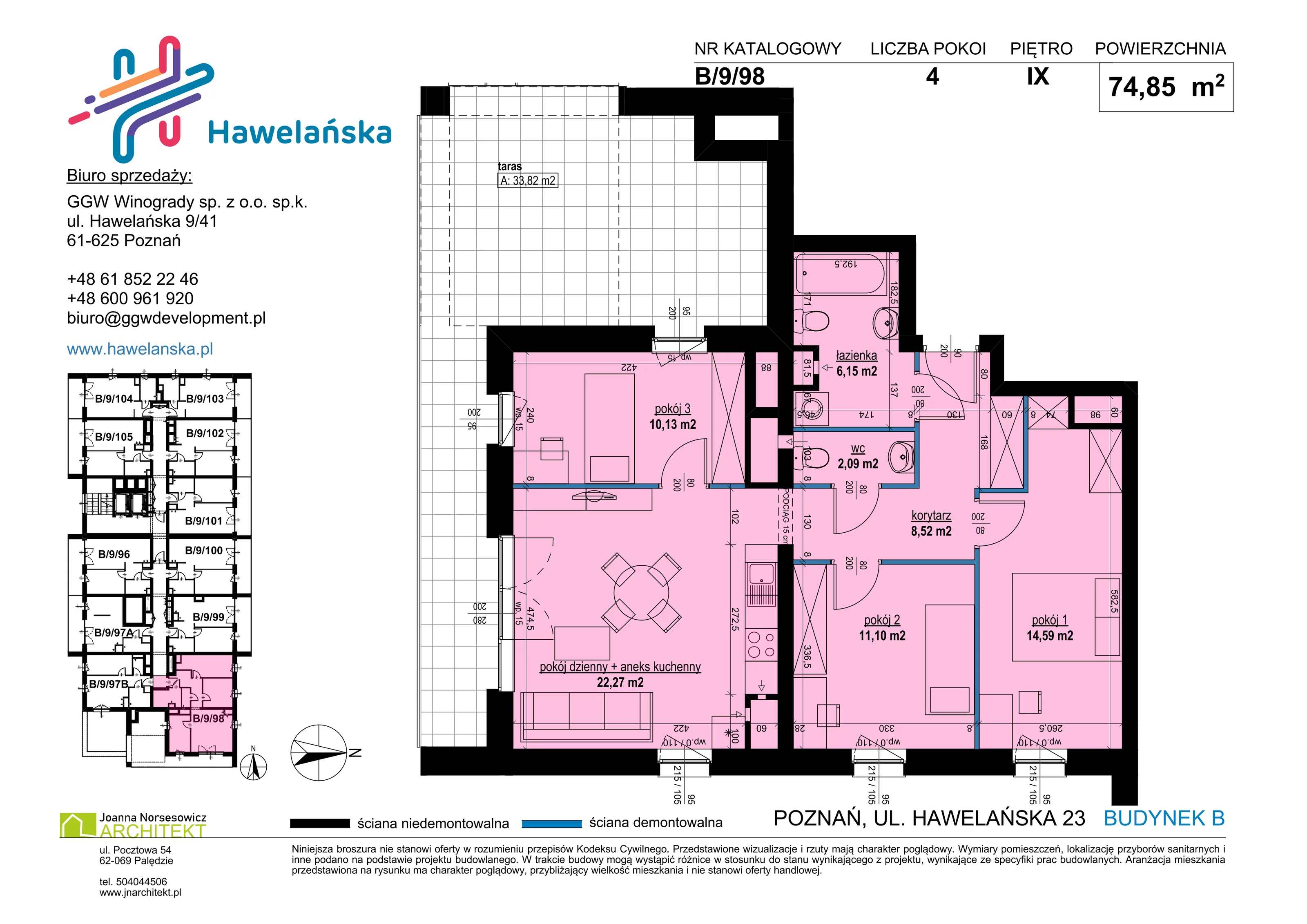 3 pokoje, mieszkanie 74,85 m², piętro 9, oferta nr B/9/98, Osiedle Hawelańska III etap, Poznań, Winogrady, ul. Hawelańska 25