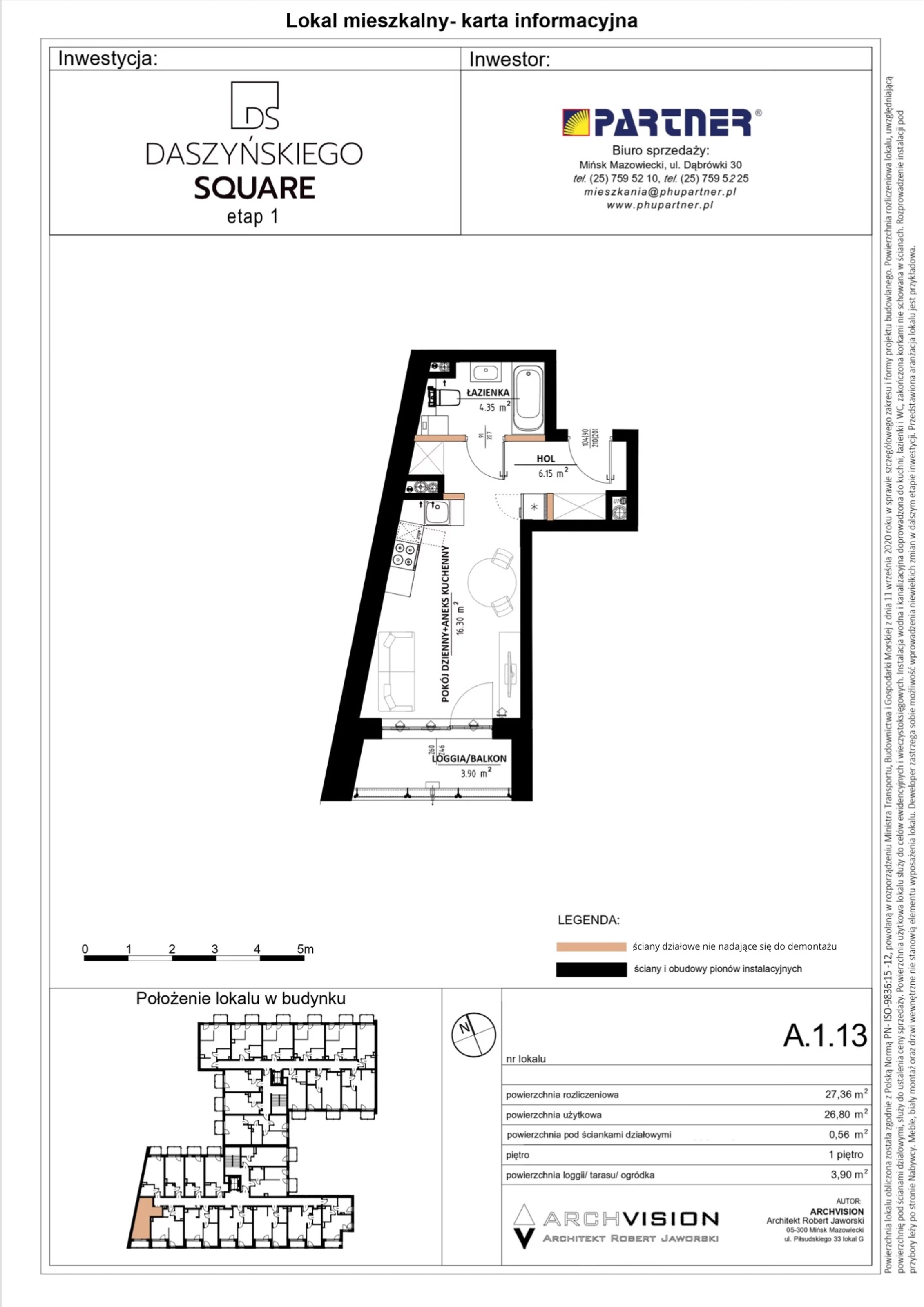 Mieszkanie 27,36 m², piętro 1, oferta nr 13, Daszyńskiego Square, Mińsk Mazowiecki, ul. Ignacego Daszyńskiego