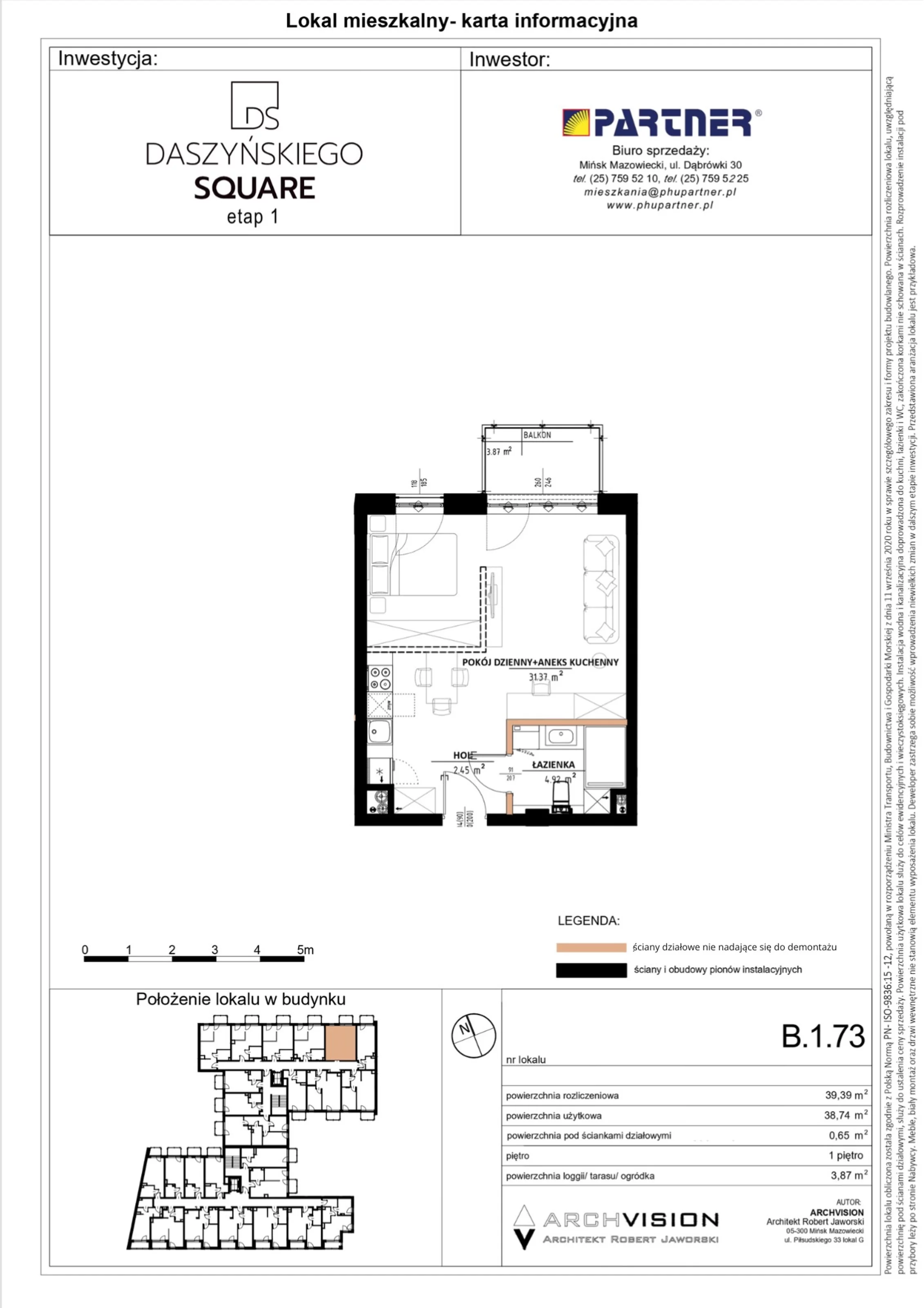 Mieszkanie 39,39 m², piętro 1, oferta nr 73, Daszyńskiego Square, Mińsk Mazowiecki, ul. Ignacego Daszyńskiego