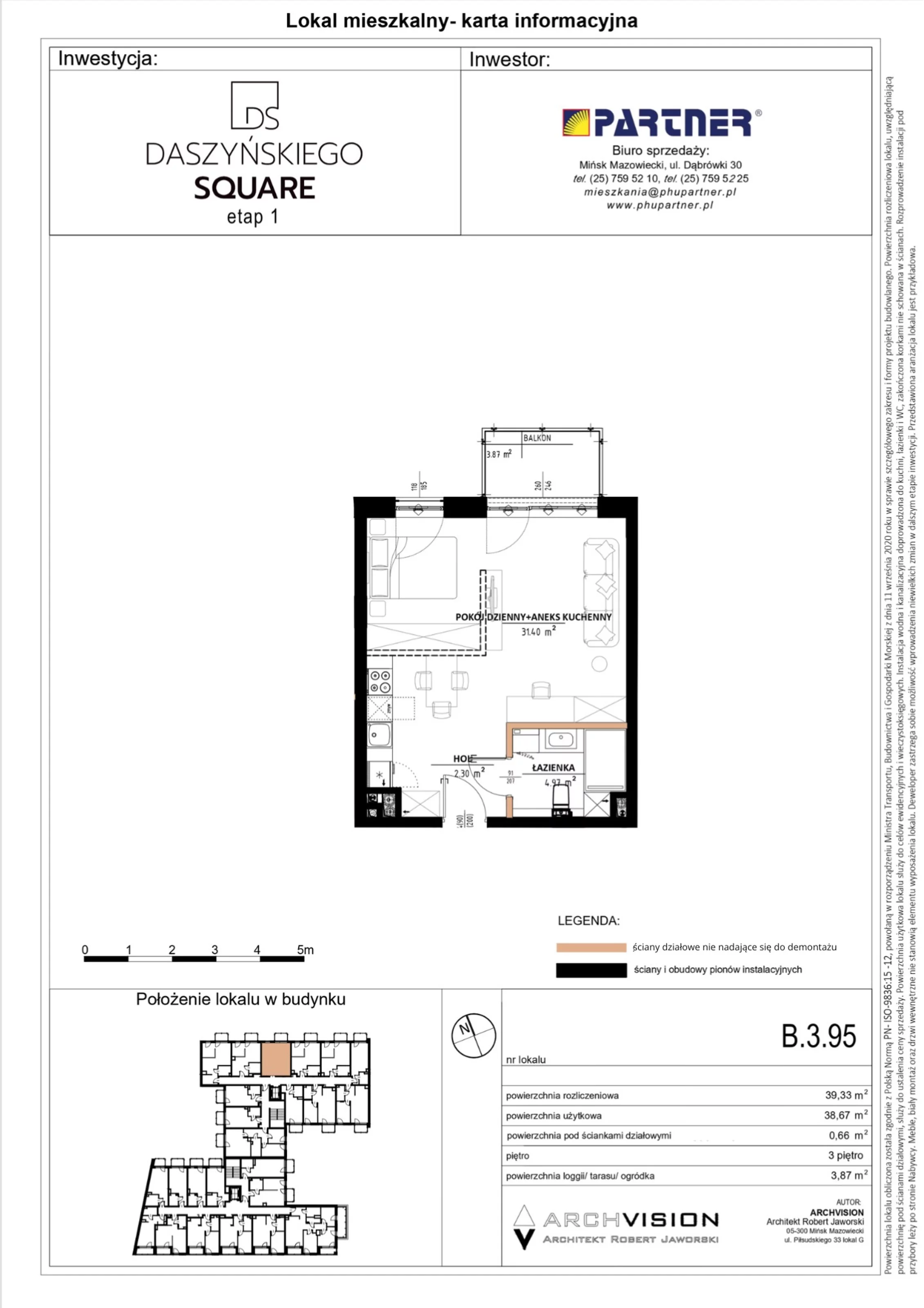 Mieszkanie 39,33 m², piętro 3, oferta nr 95, Daszyńskiego Square, Mińsk Mazowiecki, ul. Ignacego Daszyńskiego