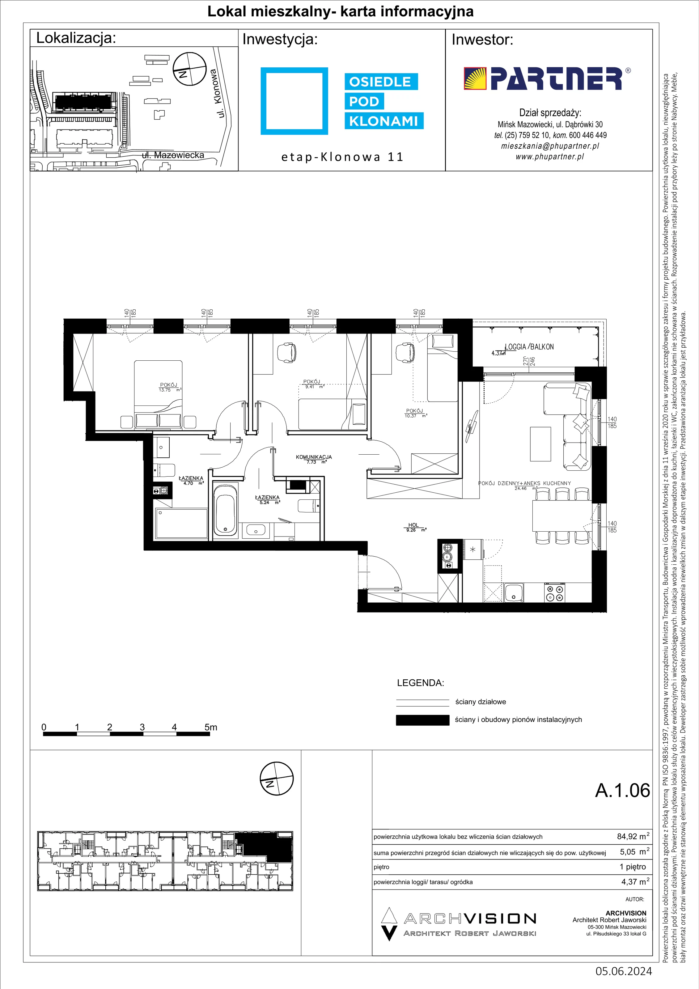 4 pokoje, mieszkanie 84,92 m², piętro 1, oferta nr A/6, Pod Klonami 11, Mińsk Mazowiecki, ul. Klonowa 27b