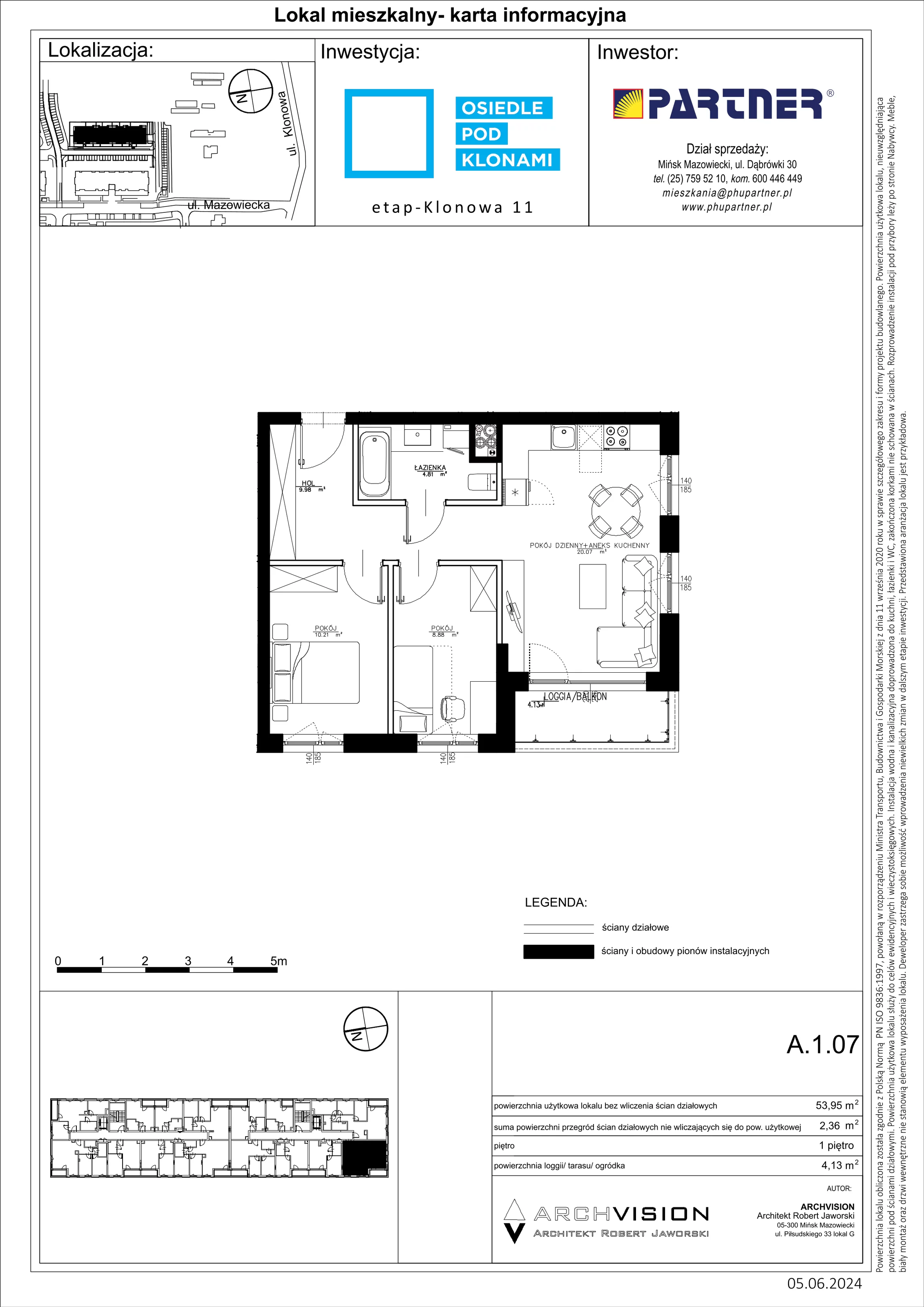 3 pokoje, mieszkanie 53,95 m², piętro 1, oferta nr A/7, Pod Klonami 11, Mińsk Mazowiecki, ul. Klonowa 27b