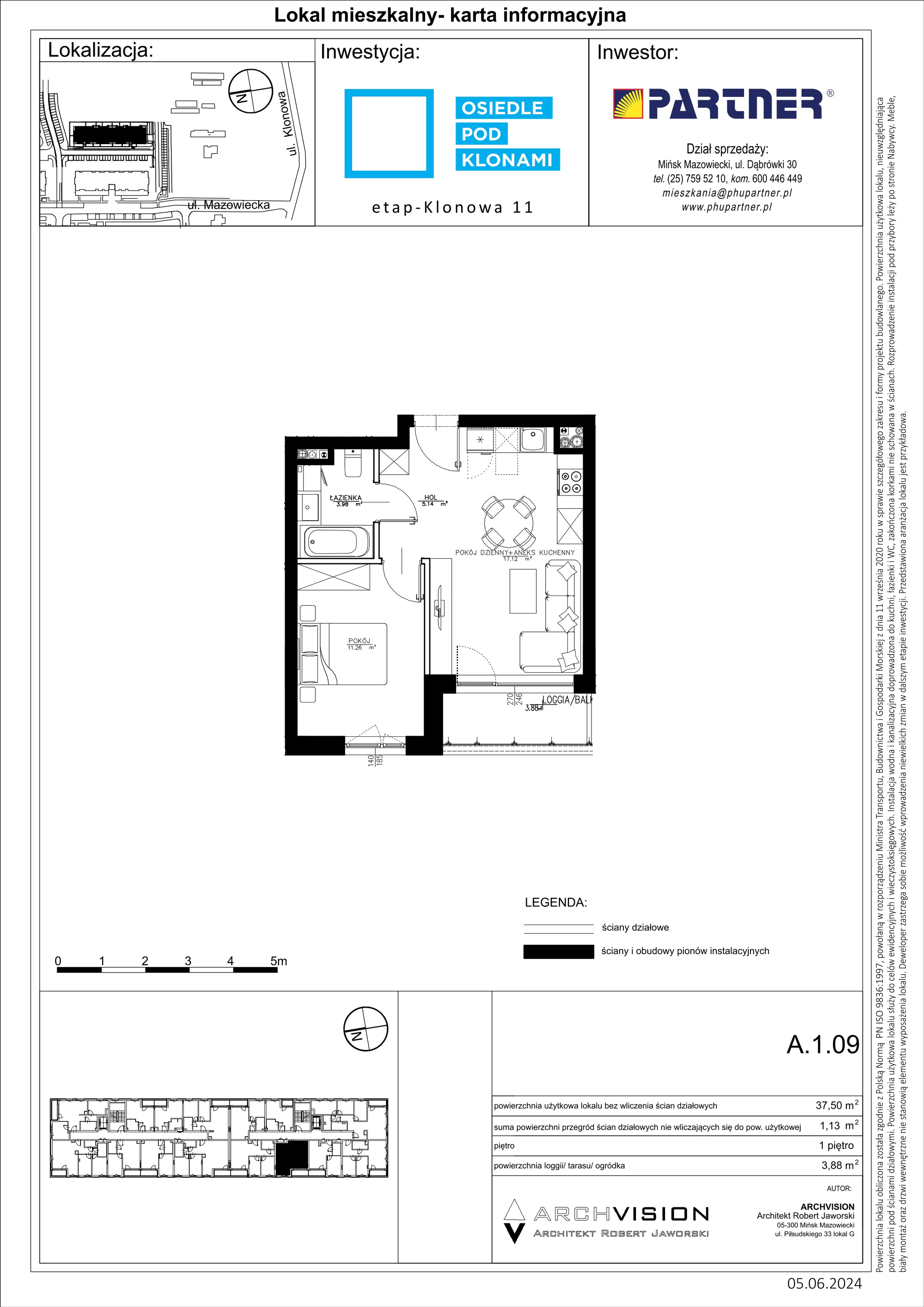 2 pokoje, mieszkanie 37,50 m², piętro 1, oferta nr A/9, Pod Klonami 11, Mińsk Mazowiecki, ul. Klonowa 27b