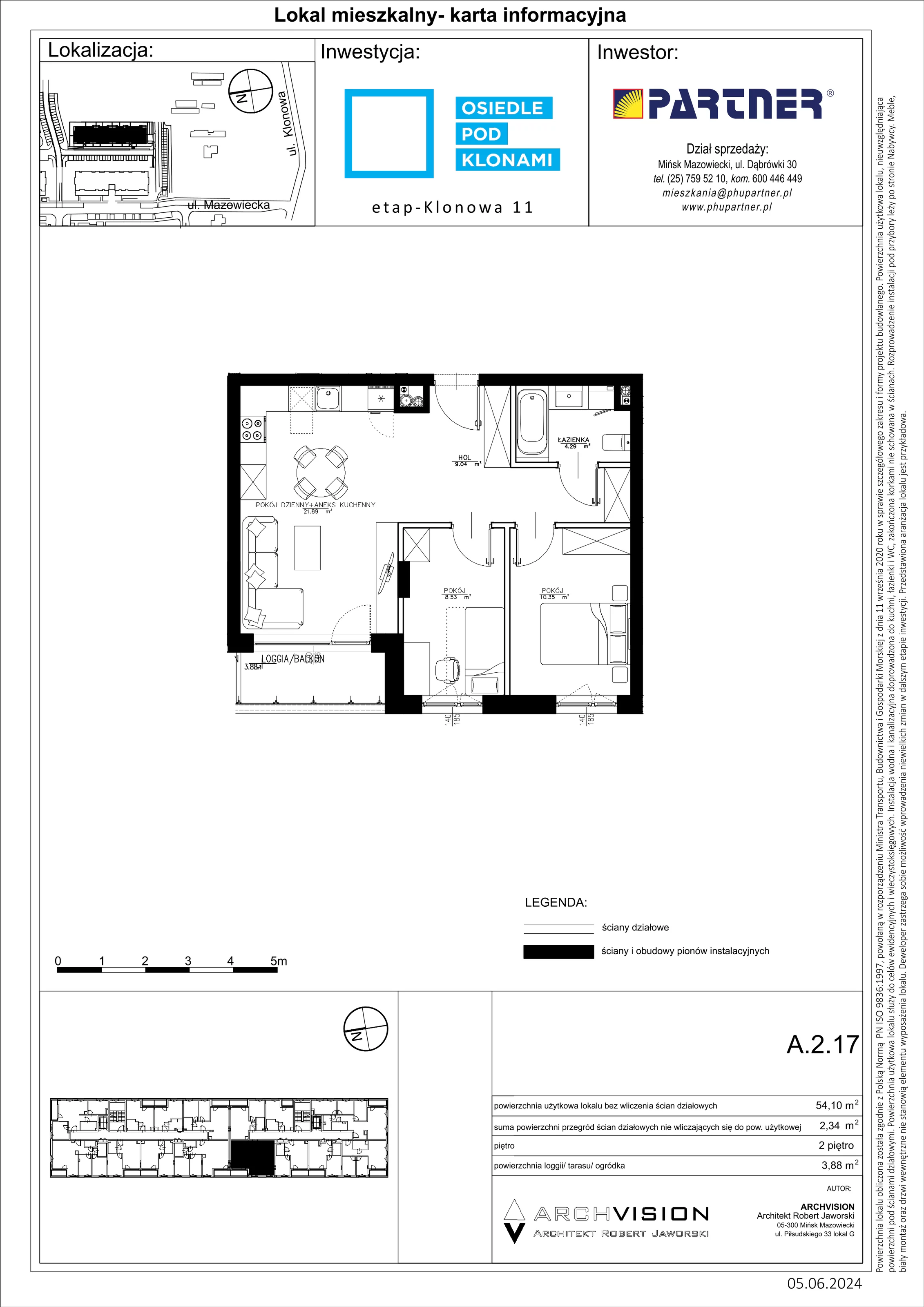 3 pokoje, mieszkanie 54,10 m², piętro 2, oferta nr A/17, Pod Klonami 11, Mińsk Mazowiecki, ul. Klonowa 27b