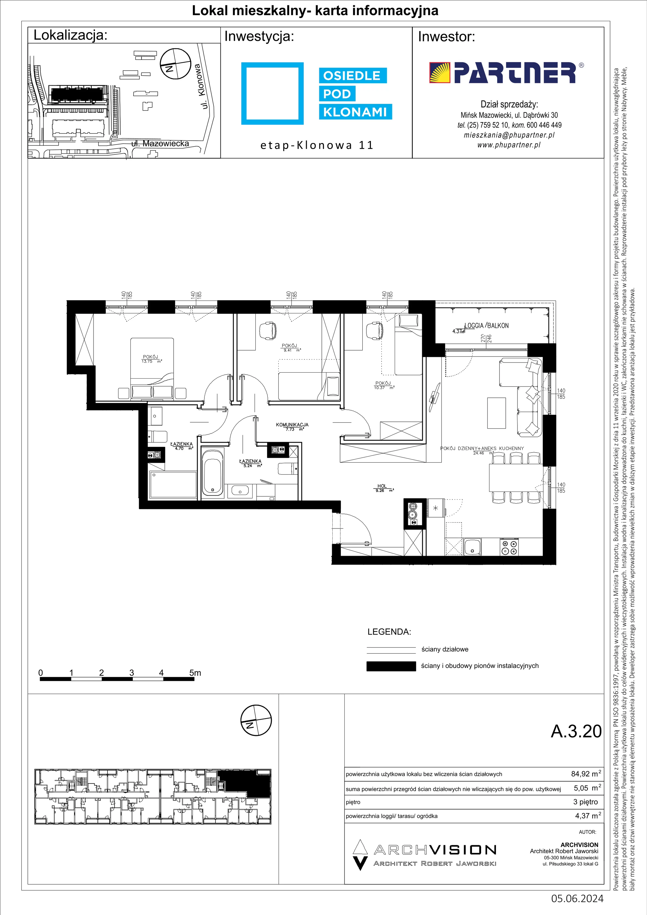 4 pokoje, mieszkanie 84,92 m², piętro 3, oferta nr A/20, Pod Klonami 11, Mińsk Mazowiecki, ul. Klonowa 27b