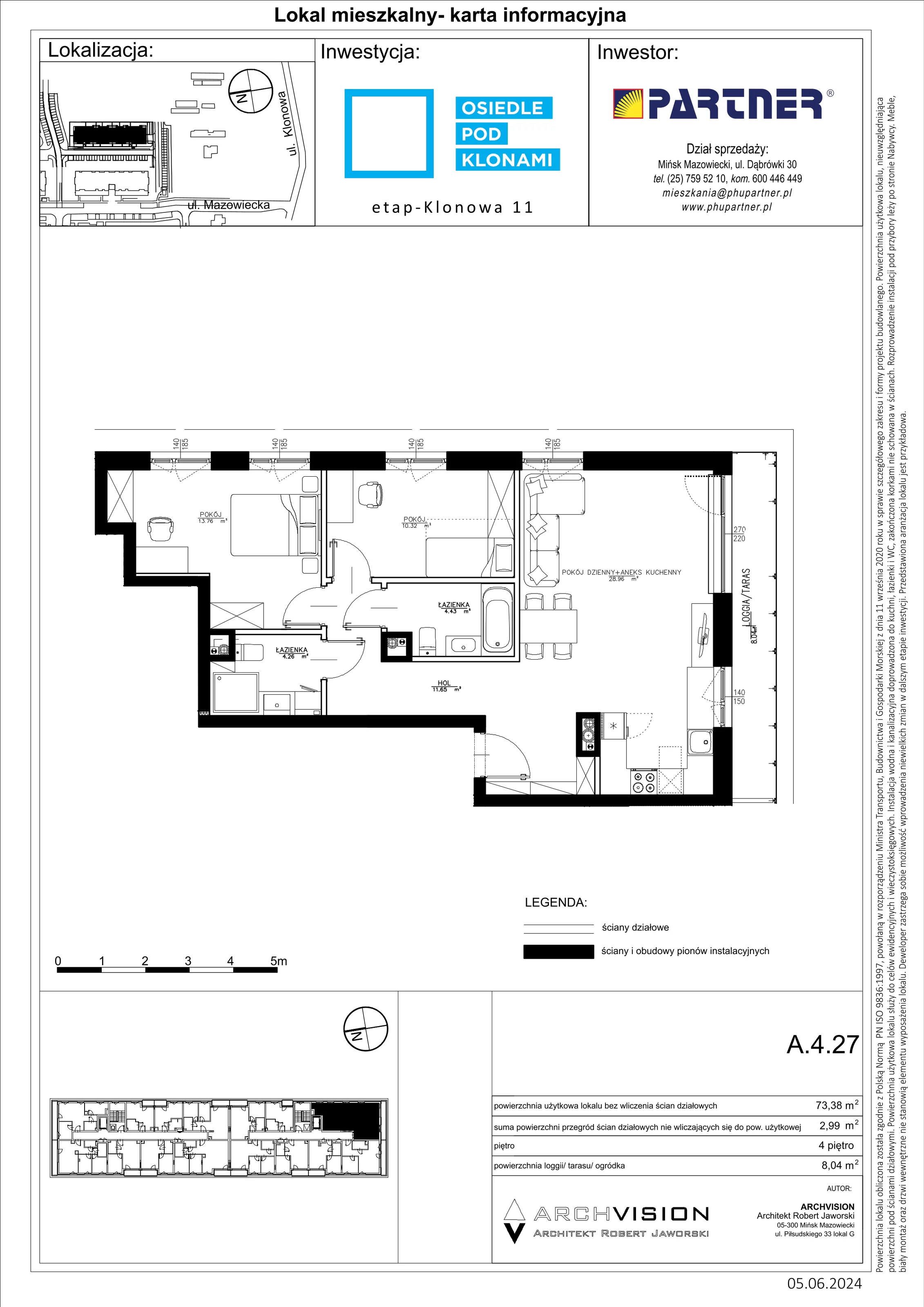 3 pokoje, mieszkanie 73,38 m², piętro 4, oferta nr A/27, Pod Klonami 11, Mińsk Mazowiecki, ul. Klonowa 27b