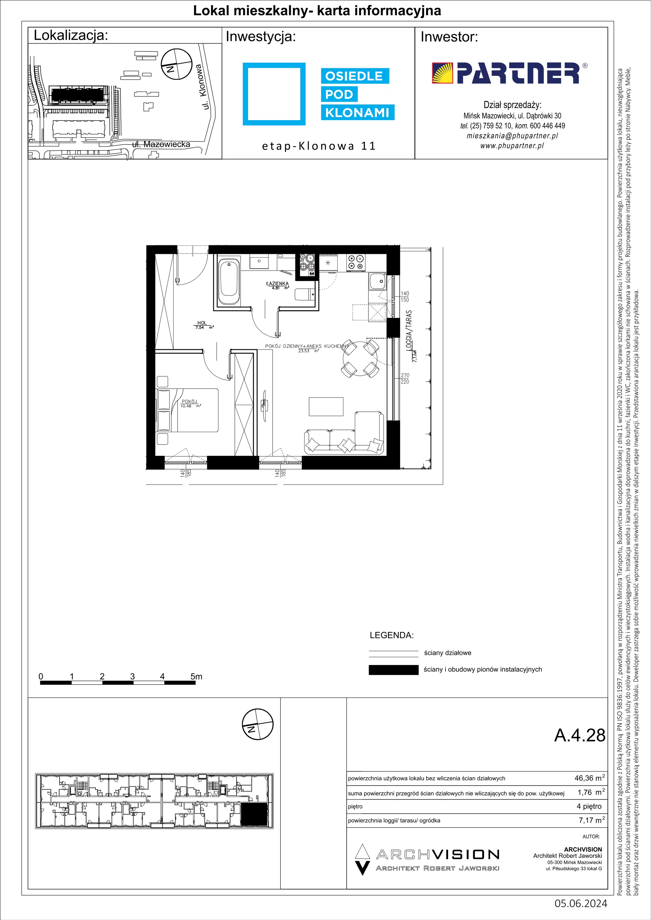 2 pokoje, mieszkanie 46,36 m², piętro 4, oferta nr A/28, Pod Klonami 11, Mińsk Mazowiecki, ul. Klonowa 27b