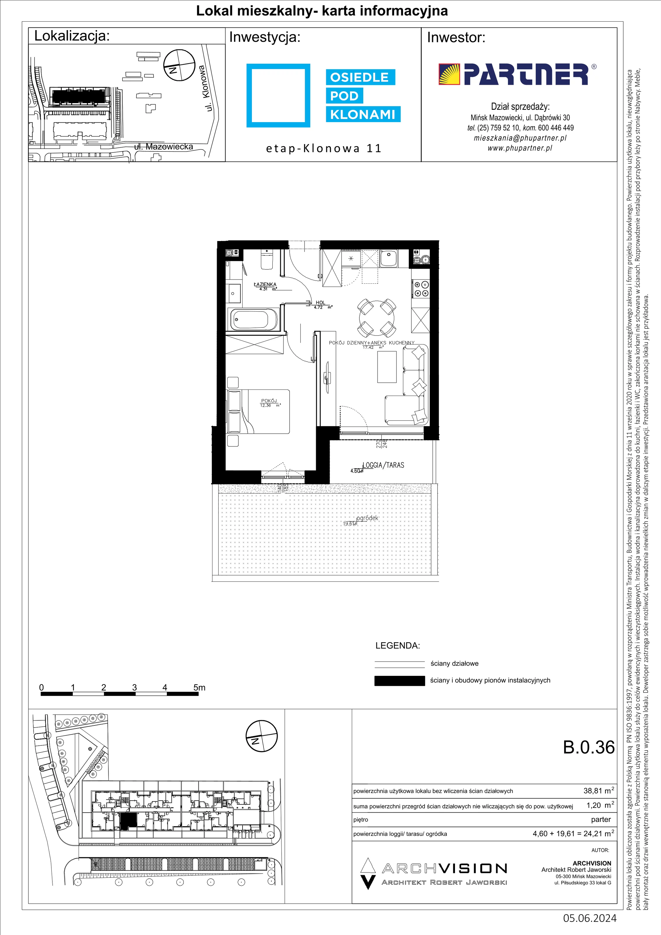 2 pokoje, mieszkanie 38,81 m², parter, oferta nr B/36, Pod Klonami 11, Mińsk Mazowiecki, ul. Klonowa 27b