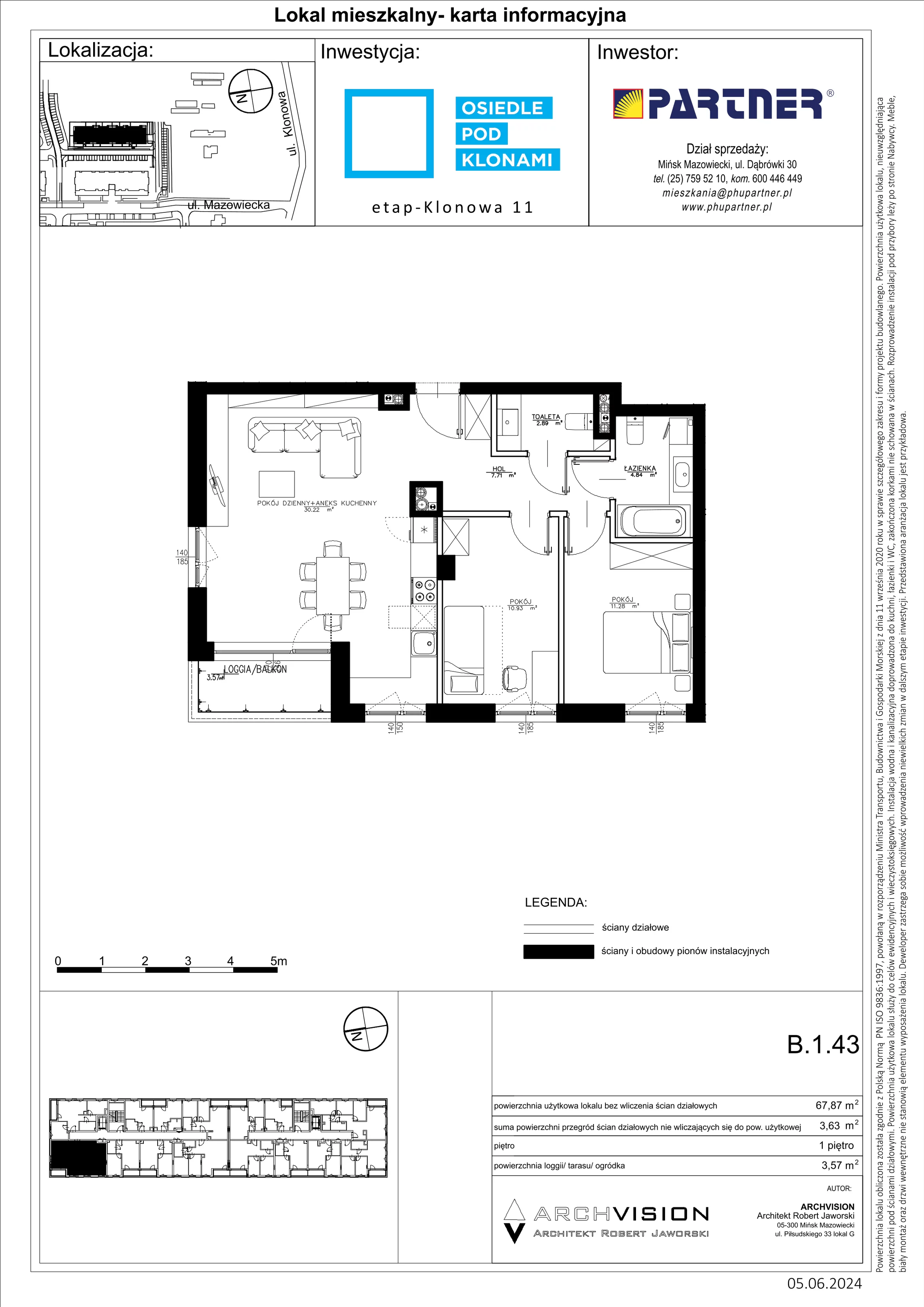 3 pokoje, mieszkanie 67,87 m², piętro 1, oferta nr B/43, Pod Klonami 11, Mińsk Mazowiecki, ul. Klonowa 27b