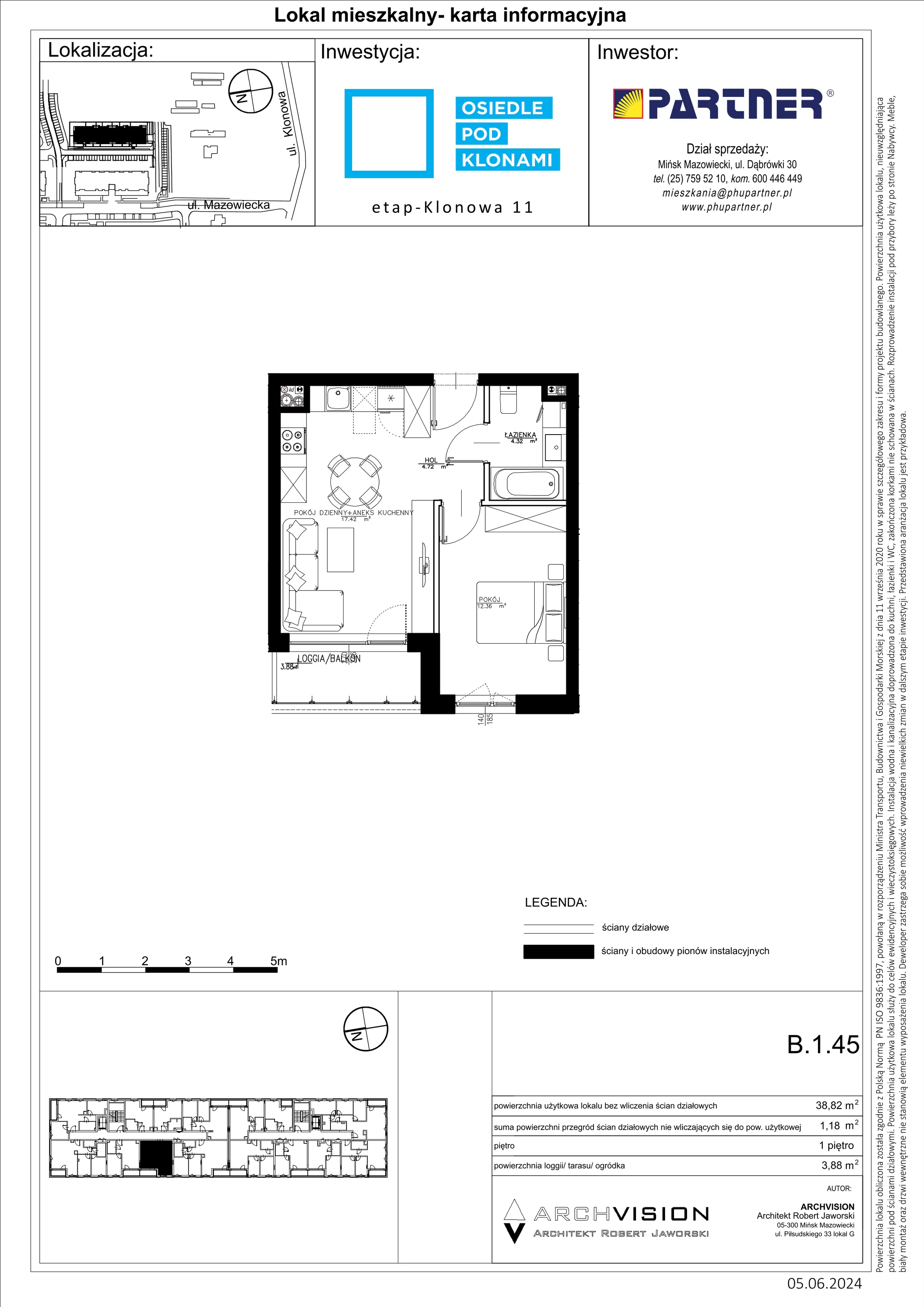 2 pokoje, mieszkanie 38,82 m², piętro 1, oferta nr B/45, Pod Klonami 11, Mińsk Mazowiecki, ul. Klonowa 27b