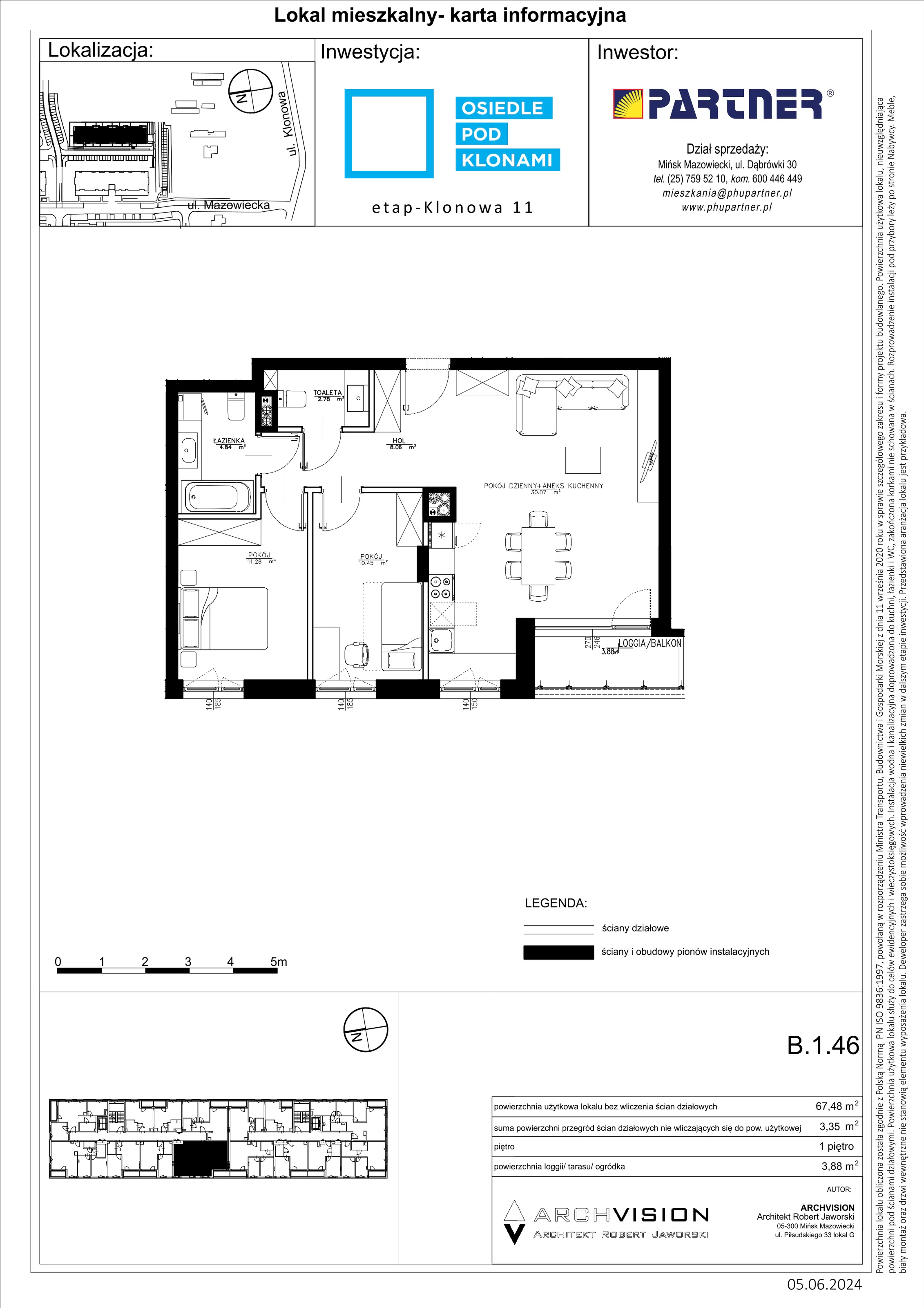 3 pokoje, mieszkanie 67,48 m², piętro 1, oferta nr B/46, Pod Klonami 11, Mińsk Mazowiecki, ul. Klonowa 27b