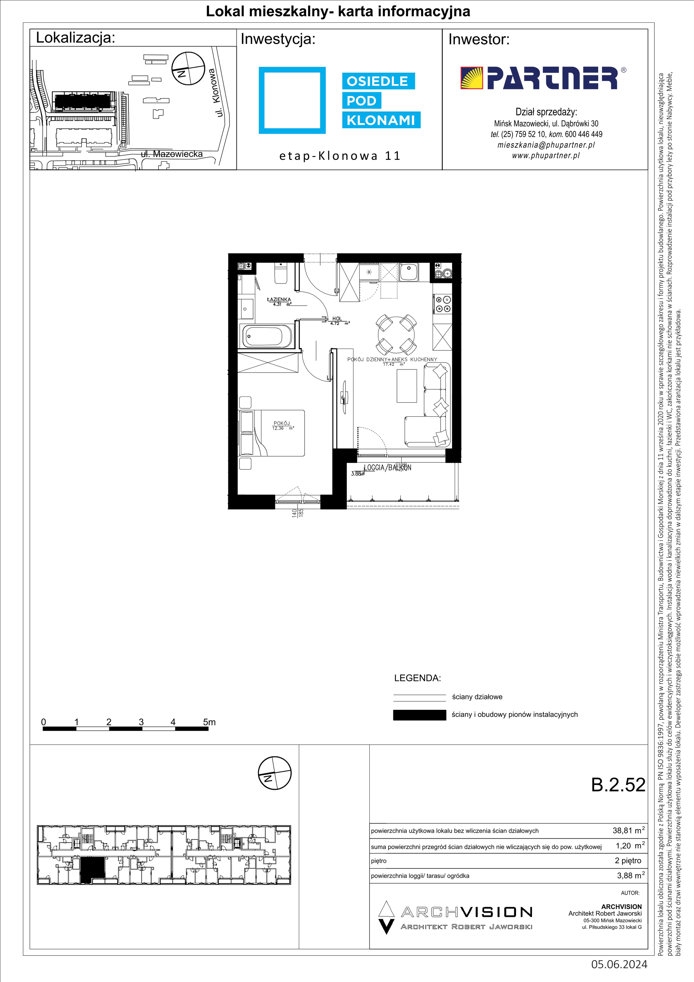 2 pokoje, mieszkanie 38,81 m², piętro 2, oferta nr B/52, Pod Klonami 11, Mińsk Mazowiecki, ul. Klonowa 27b