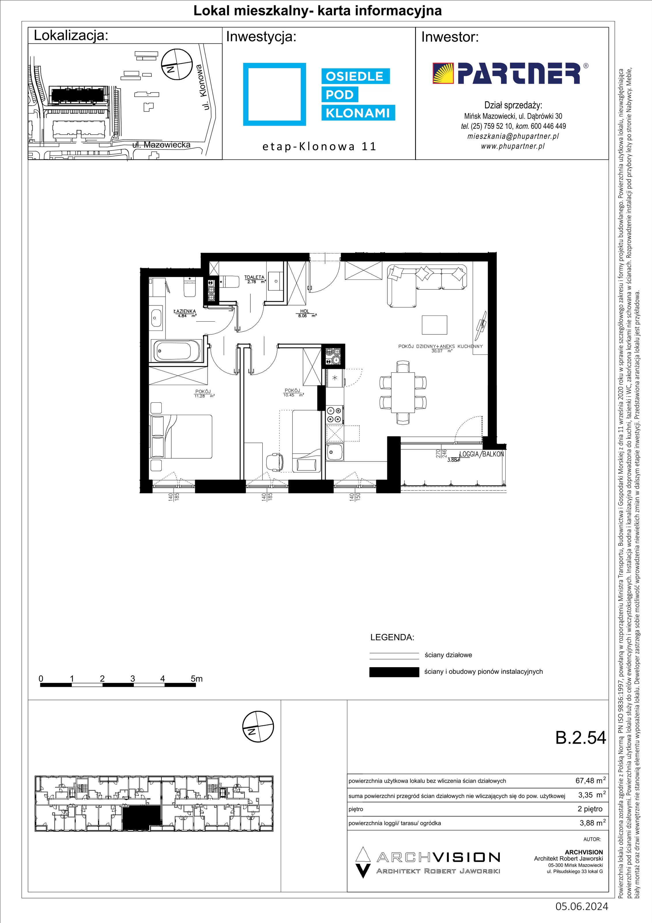 3 pokoje, mieszkanie 67,48 m², piętro 2, oferta nr B/54, Pod Klonami 11, Mińsk Mazowiecki, ul. Klonowa 27b