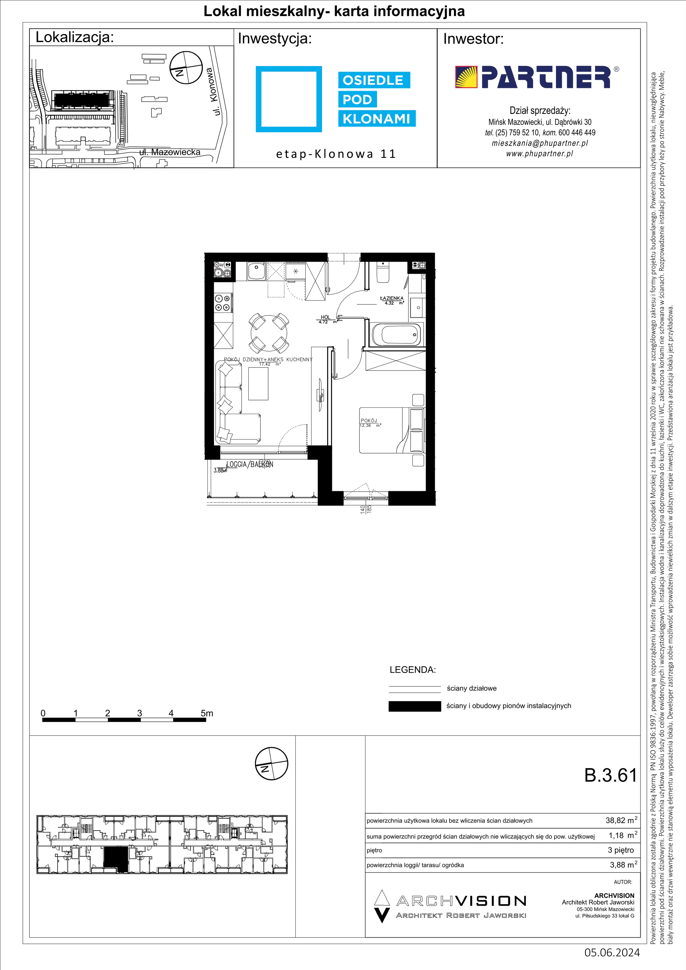 2 pokoje, mieszkanie 38,82 m², piętro 3, oferta nr B/61, Pod Klonami 11, Mińsk Mazowiecki, ul. Klonowa 27b