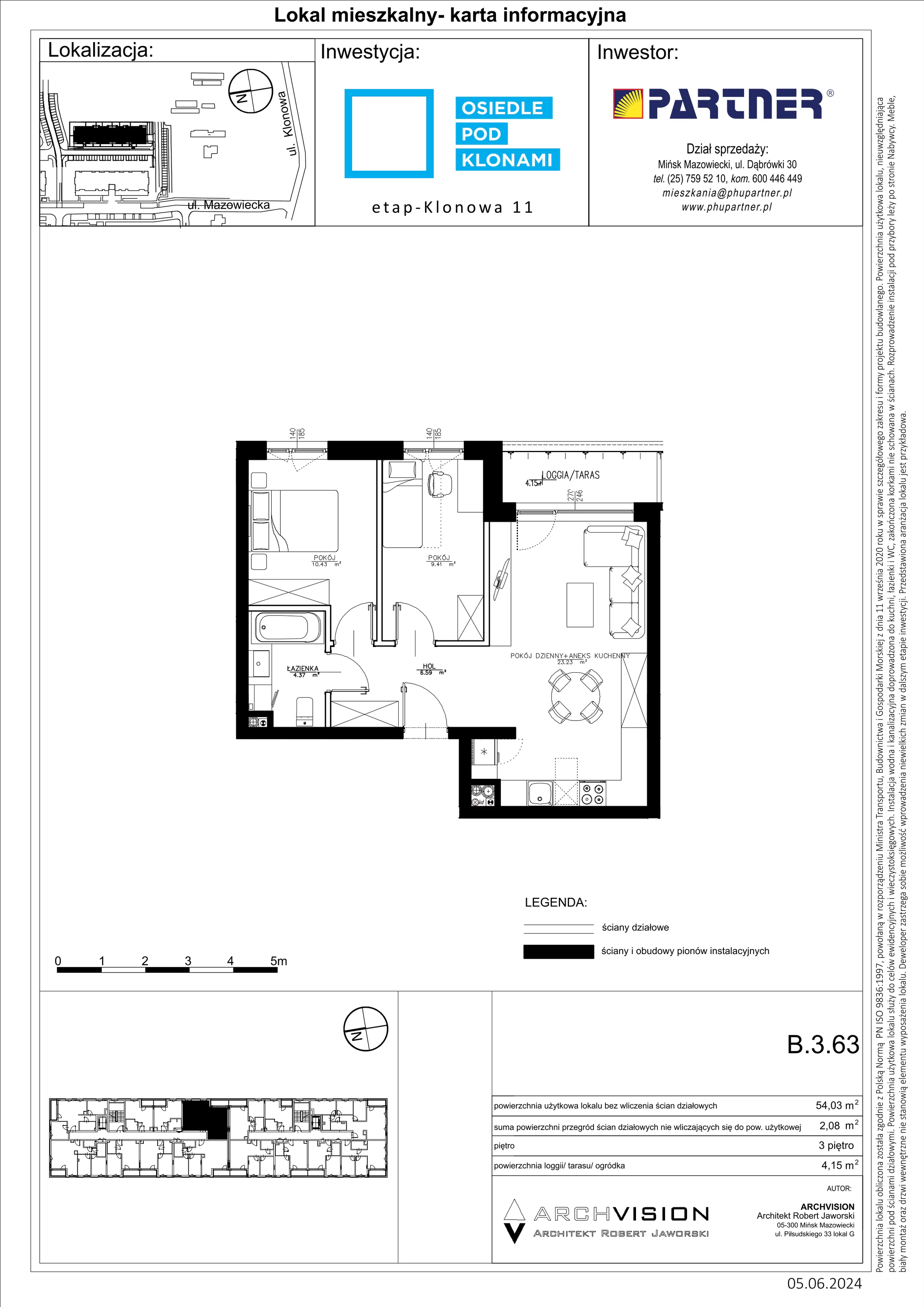 3 pokoje, mieszkanie 54,03 m², piętro 3, oferta nr B/63, Pod Klonami 11, Mińsk Mazowiecki, ul. Klonowa 27b