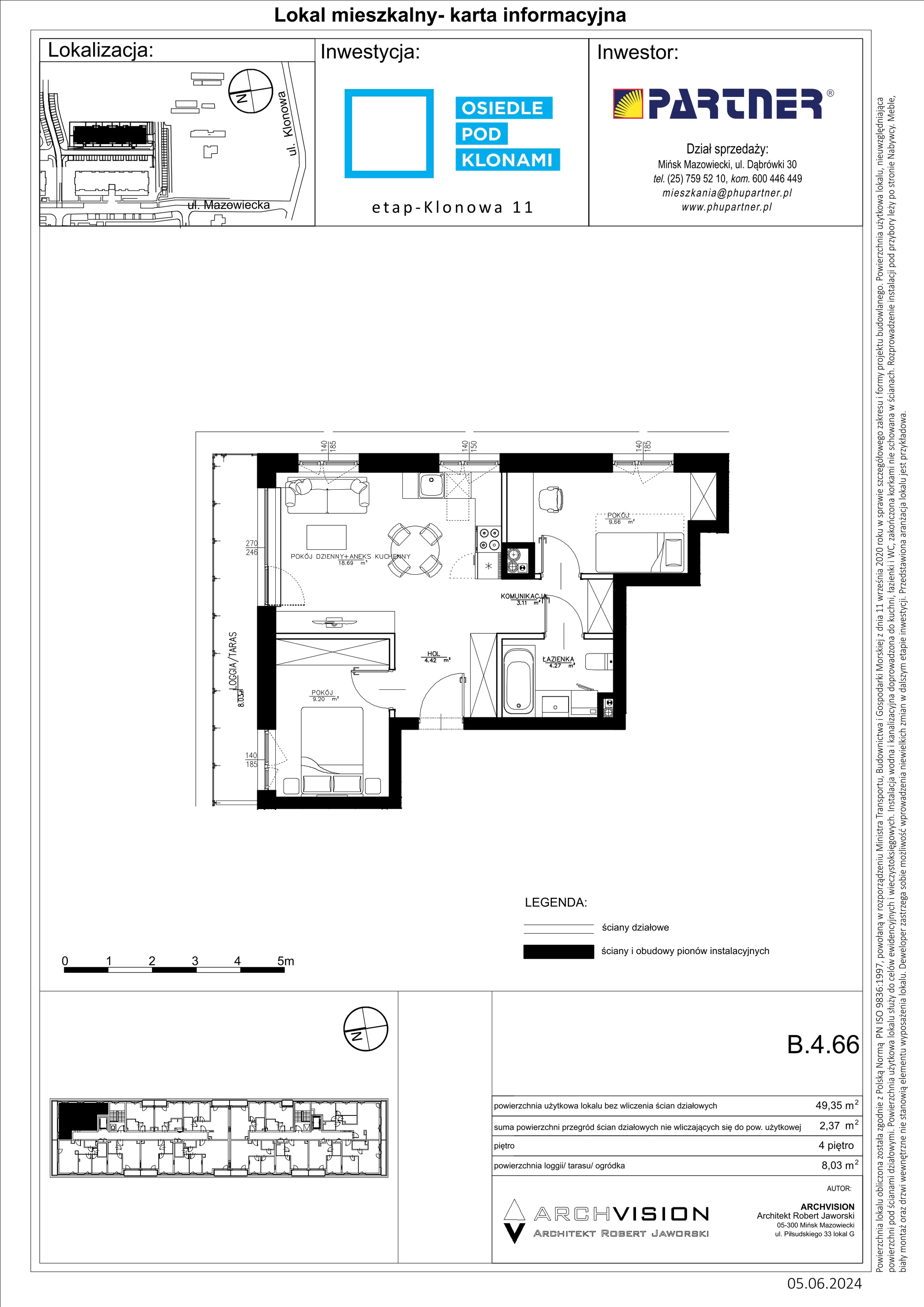 3 pokoje, mieszkanie 49,35 m², piętro 4, oferta nr B/66, Pod Klonami 11, Mińsk Mazowiecki, ul. Klonowa 27b