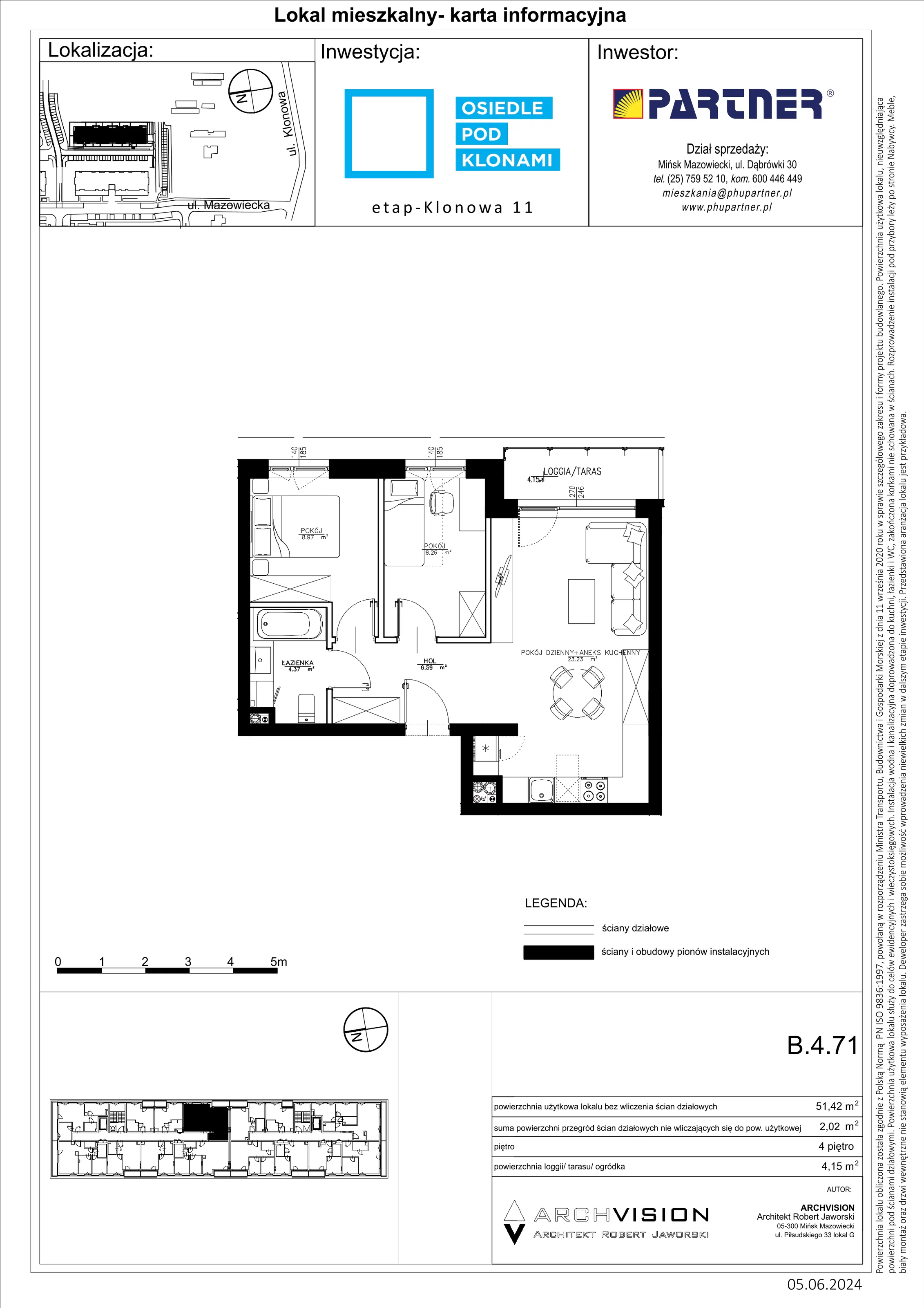 3 pokoje, mieszkanie 51,42 m², piętro 4, oferta nr B/71, Pod Klonami 11, Mińsk Mazowiecki, ul. Klonowa 27b