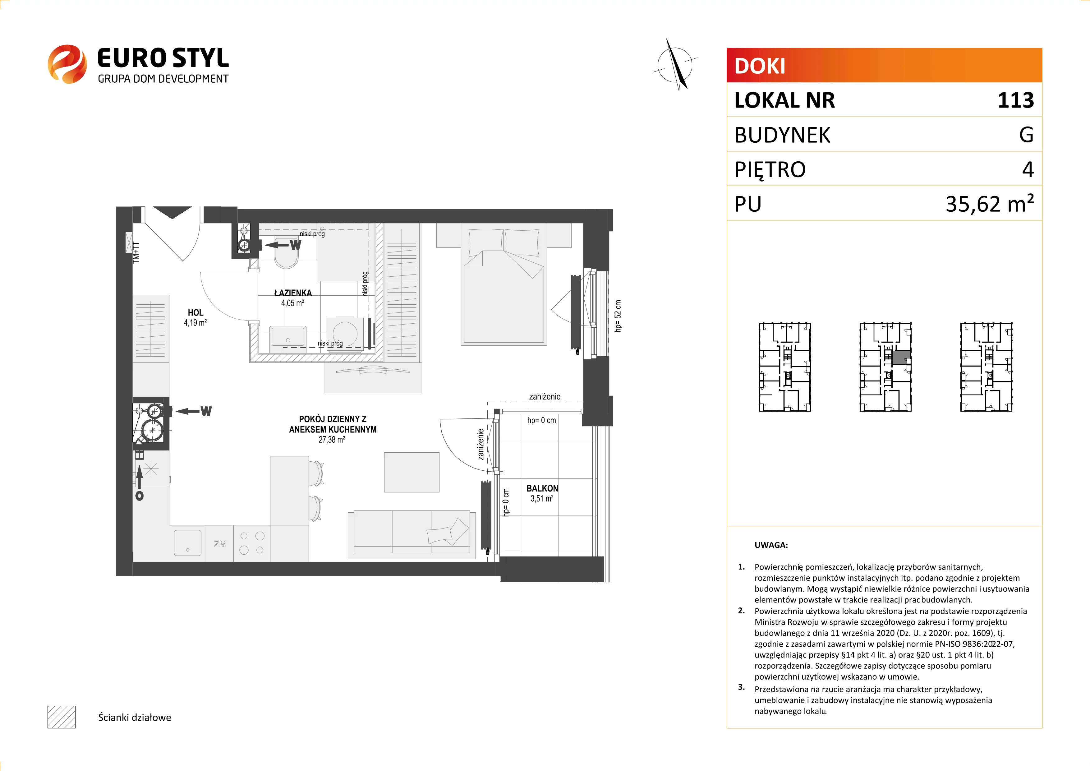 Mieszkanie 35,62 m², piętro 4, oferta nr G/113, DOKI Living - etap II, Gdańsk, Śródmieście, ul. Aleja Doki