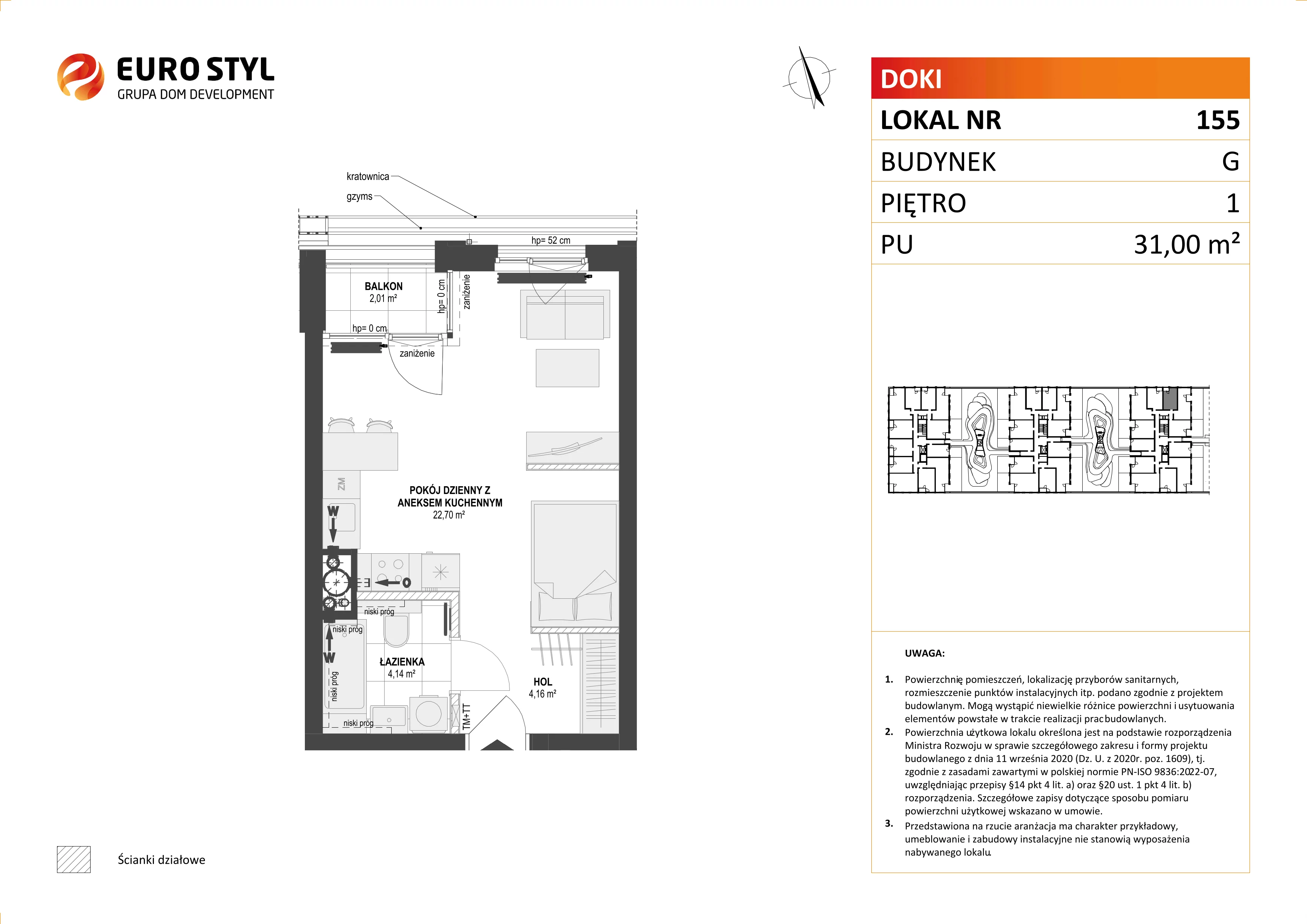 Mieszkanie 31,00 m², piętro 1, oferta nr G/155, DOKI Living - etap II, Gdańsk, Śródmieście, ul. Aleja Doki