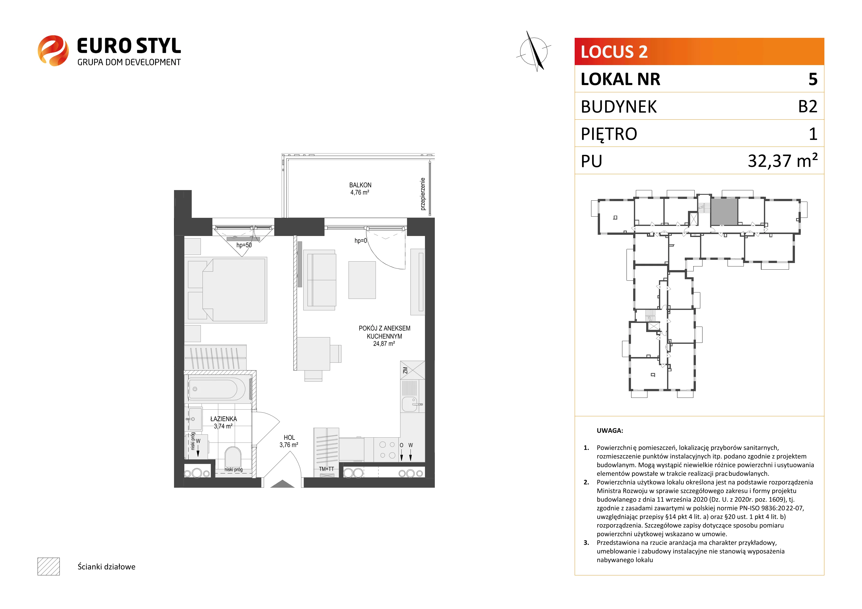 1 pokój, mieszkanie 32,37 m², piętro 1, oferta nr B2/5, Locus 2 - etap II, Rumia, Janowo, ul. Dąbrowskiego