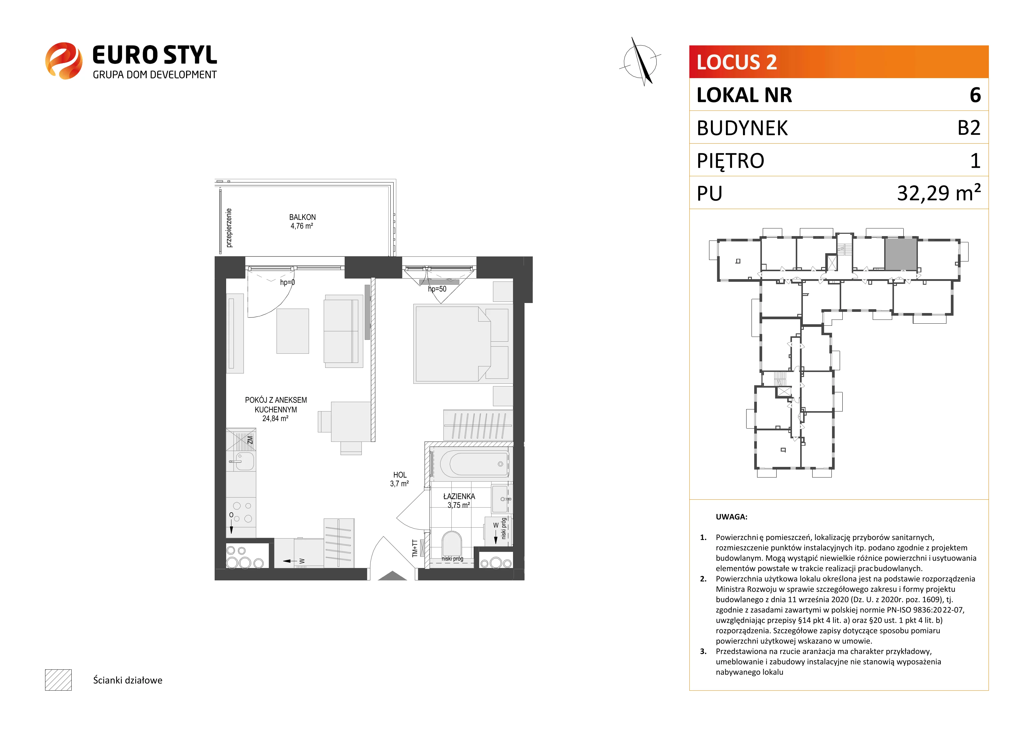 1 pokój, mieszkanie 32,29 m², piętro 1, oferta nr B2/6, Locus 2 - etap II, Rumia, Janowo, ul. Dąbrowskiego
