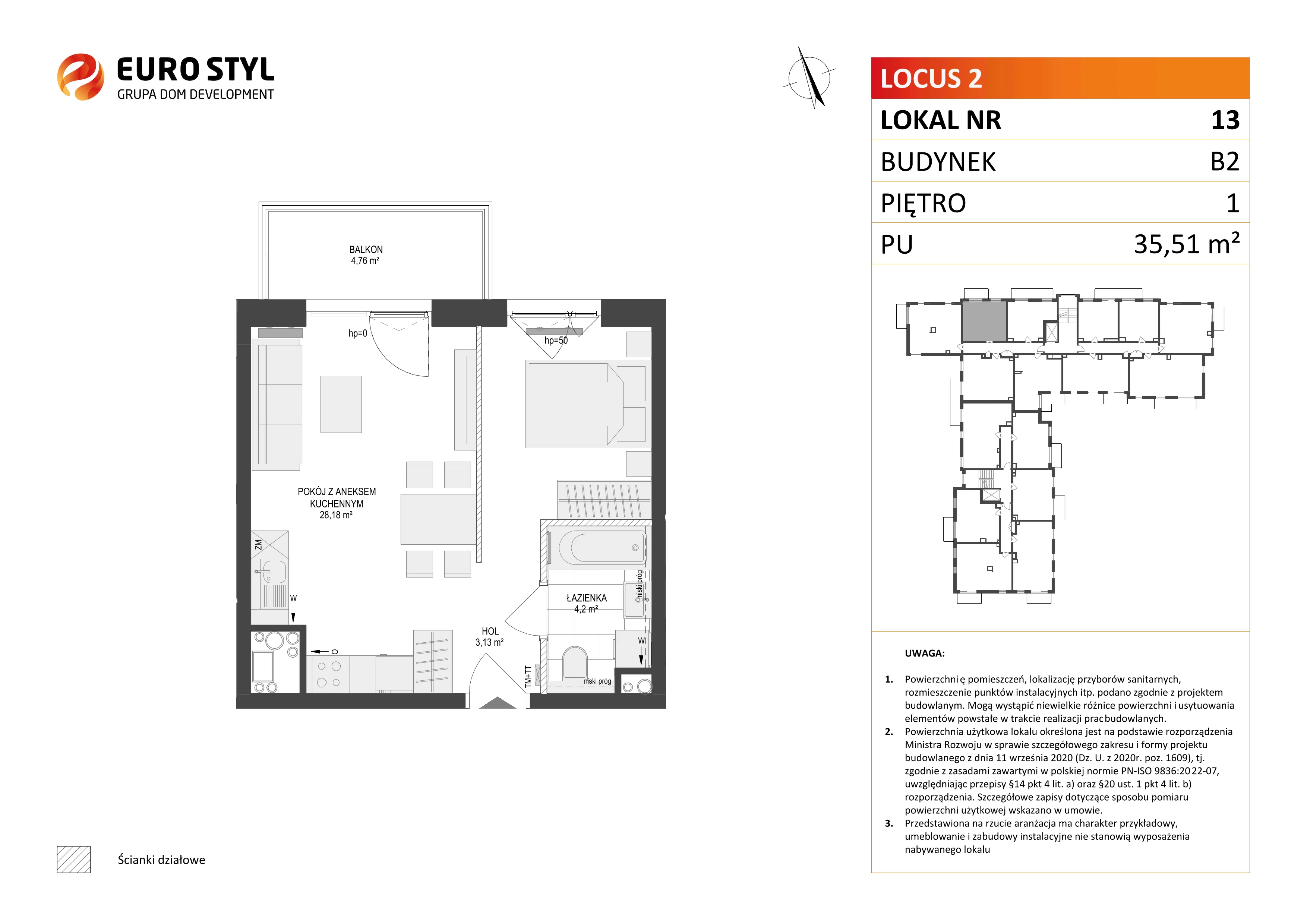 1 pokój, mieszkanie 35,51 m², piętro 1, oferta nr B2/13, Locus 2 - etap II, Rumia, Janowo, ul. Dąbrowskiego