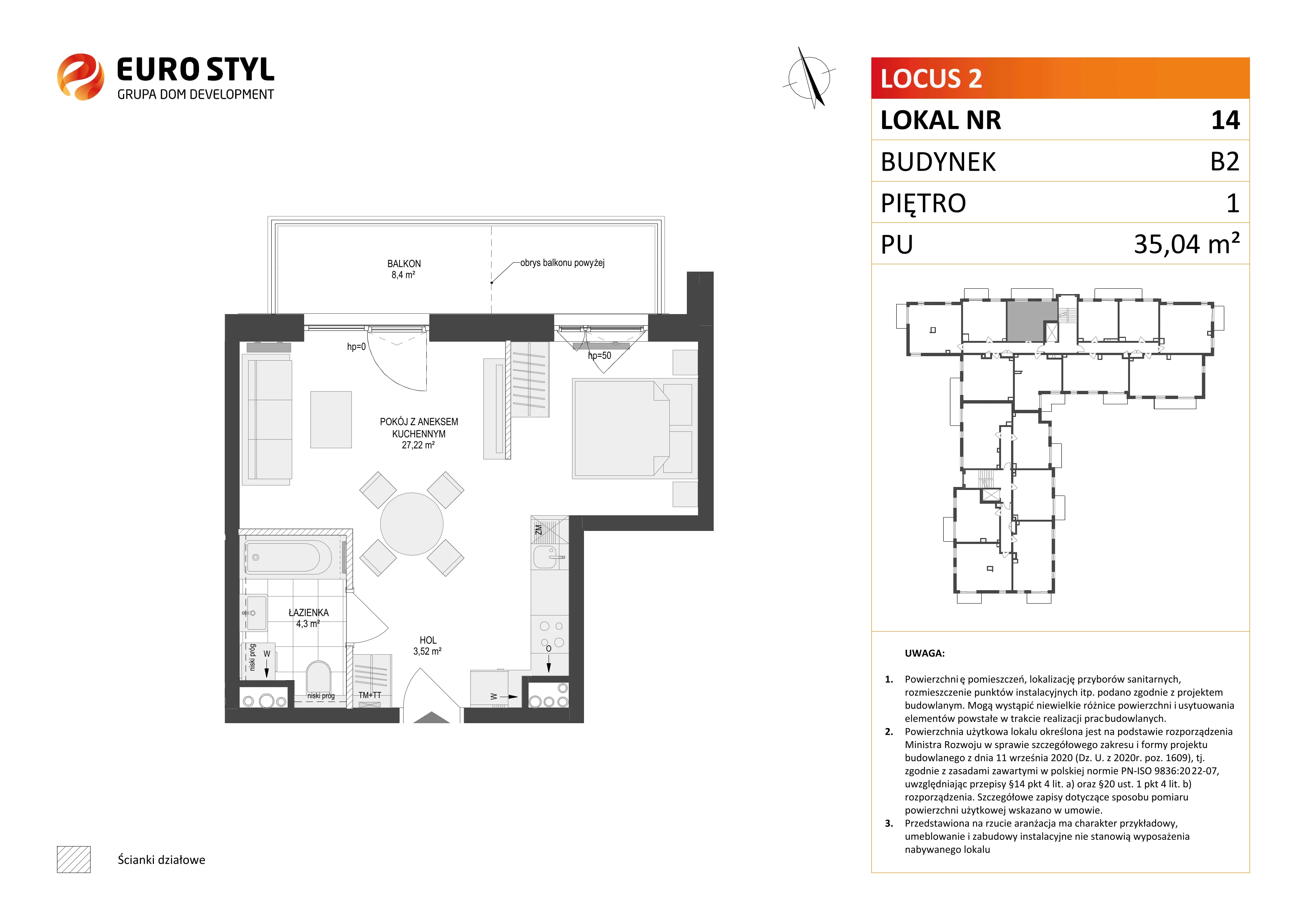 1 pokój, mieszkanie 35,04 m², piętro 1, oferta nr B2/14, Locus 2 - etap II, Rumia, Janowo, ul. Dąbrowskiego