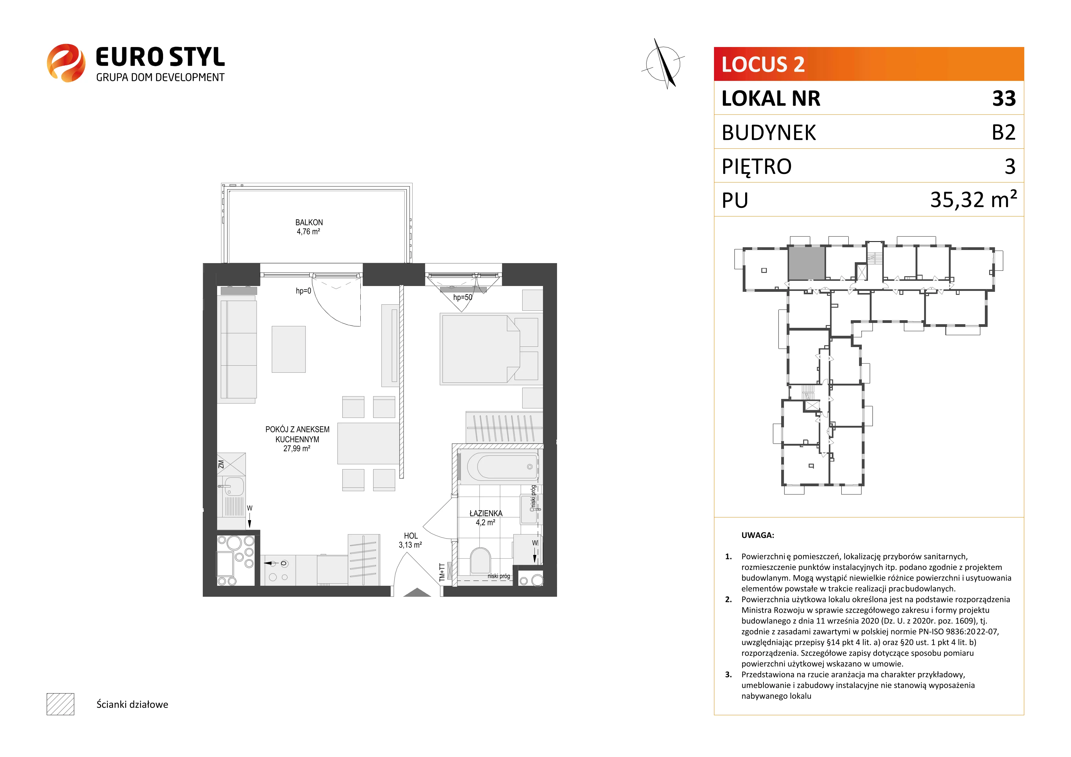 1 pokój, mieszkanie 35,32 m², piętro 3, oferta nr B2/33, Locus 2 - etap II, Rumia, Janowo, ul. Dąbrowskiego