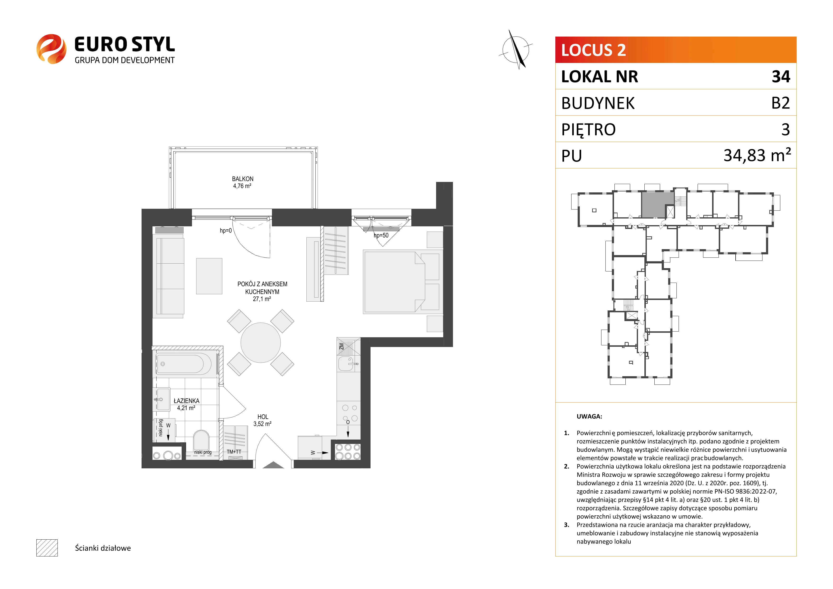 1 pokój, mieszkanie 34,83 m², piętro 3, oferta nr B2/34, Locus 2 - etap II, Rumia, Janowo, ul. Dąbrowskiego