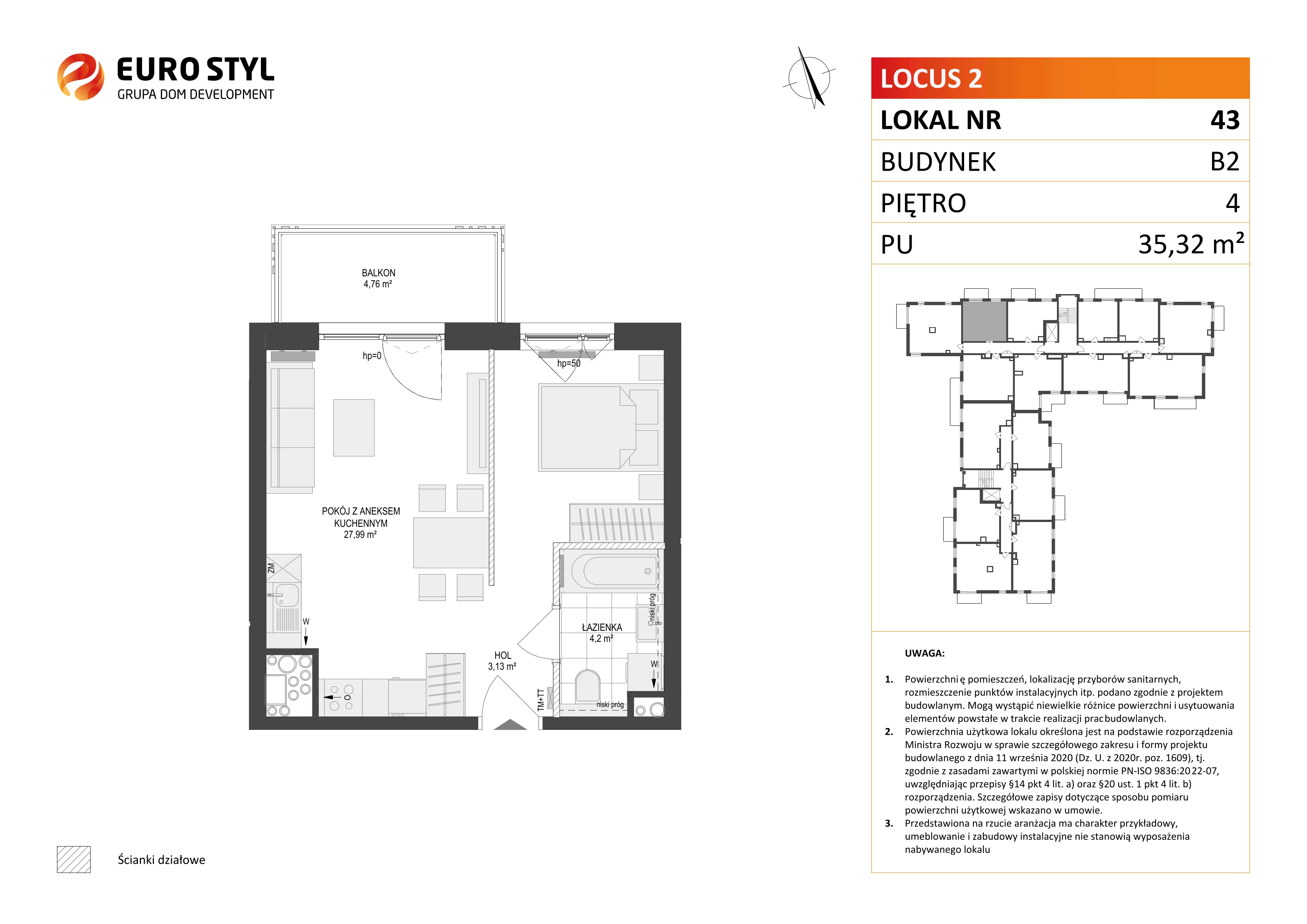 1 pokój, mieszkanie 35,32 m², piętro 4, oferta nr B2/43, Locus 2 - etap II, Rumia, Janowo, ul. Dąbrowskiego