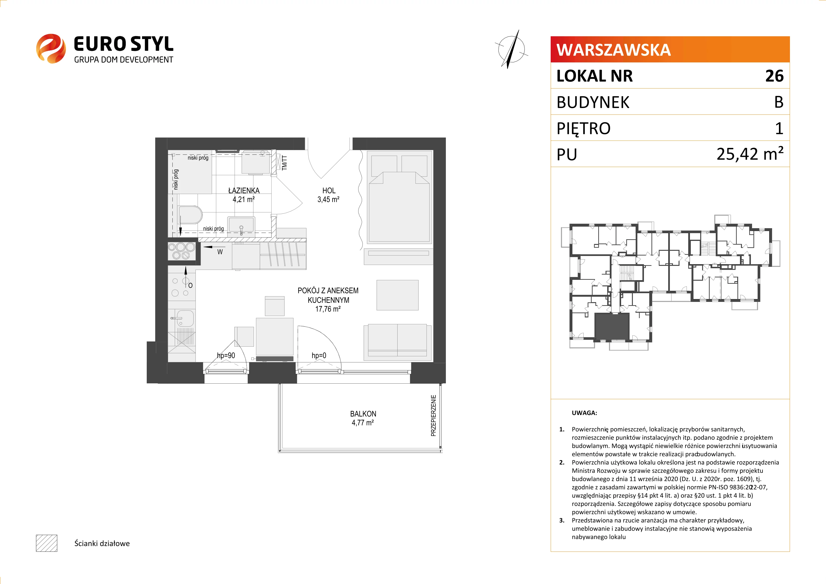 1 pokój, mieszkanie 25,42 m², piętro 1, oferta nr B/26, Osiedle Warszawska - etap III, Gdańsk, Ujeścisko-Łostowice, Ujeścisko, ul. Warszawska