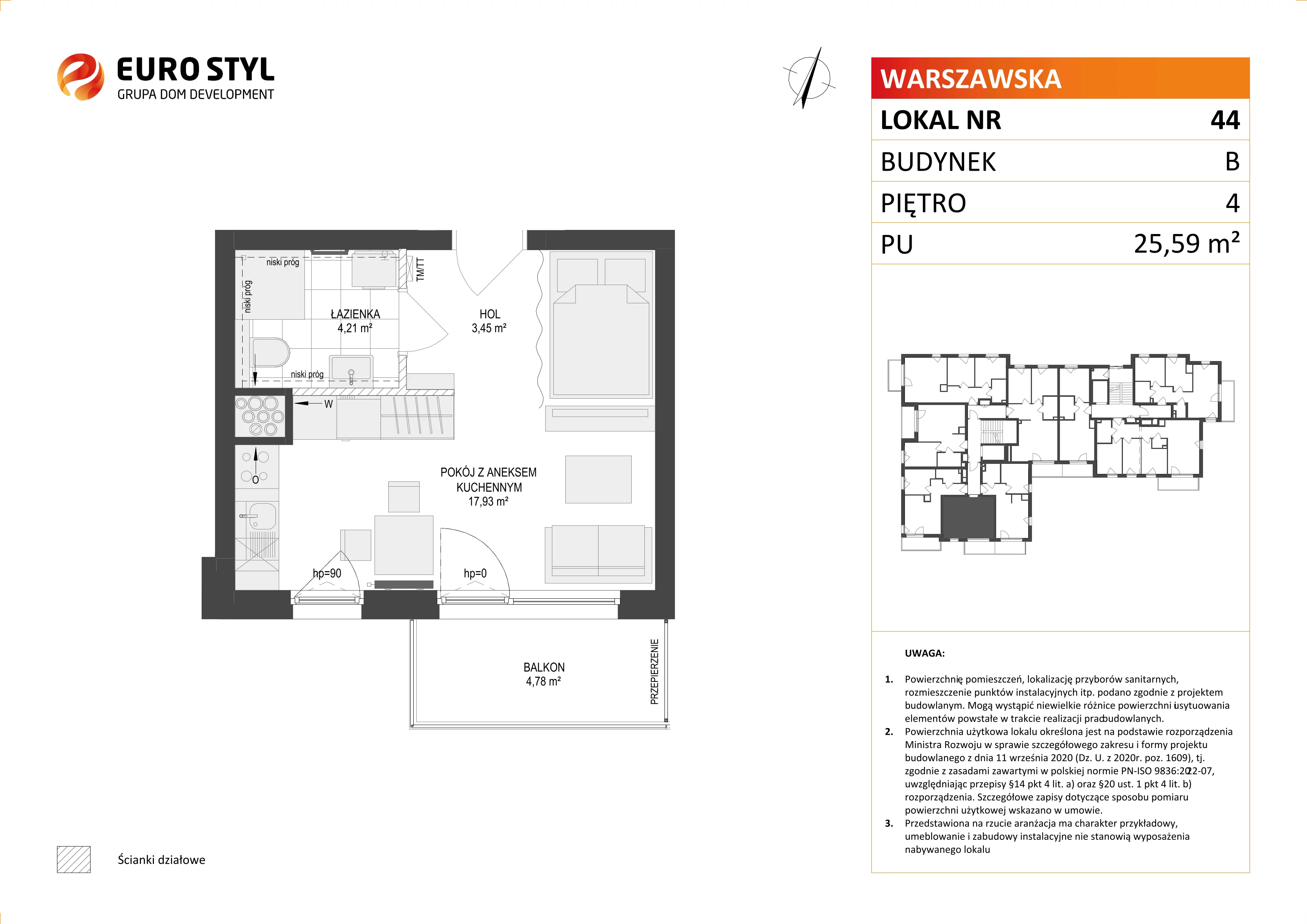 1 pokój, mieszkanie 25,59 m², piętro 4, oferta nr B/44, Osiedle Warszawska - etap III, Gdańsk, Ujeścisko-Łostowice, Ujeścisko, ul. Warszawska