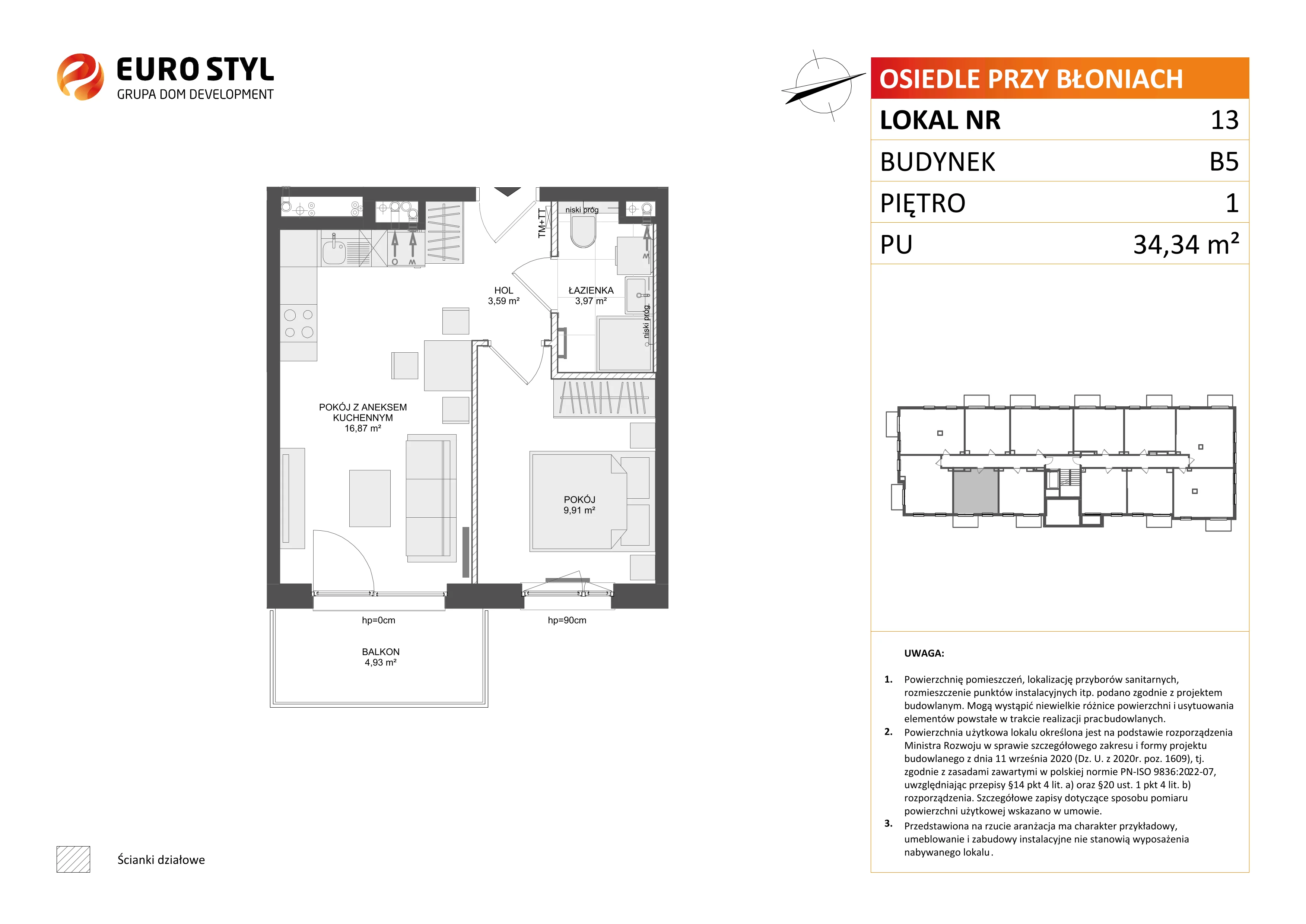 2 pokoje, mieszkanie 34,34 m², piętro 1, oferta nr B5/13, Osiedle przy Błoniach 3 - etap IV, Rumia, Janowo, ul. Błoń Janowskich 