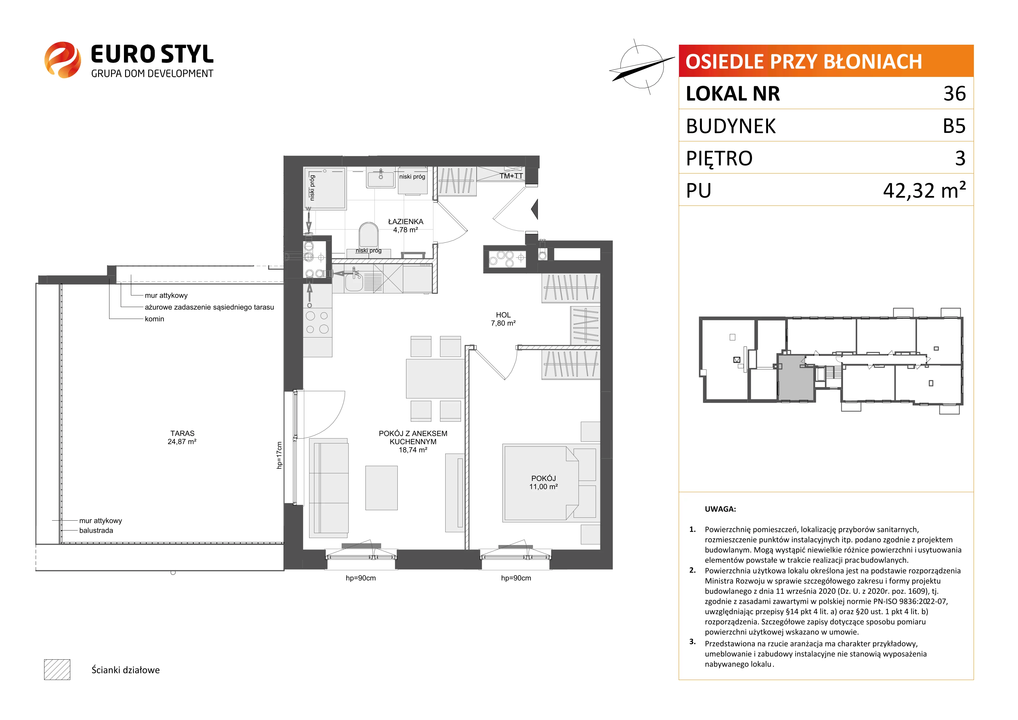 2 pokoje, mieszkanie 42,32 m², piętro 3, oferta nr B5/36, Osiedle przy Błoniach 3 - etap IV, Rumia, Janowo, ul. Błoń Janowskich 