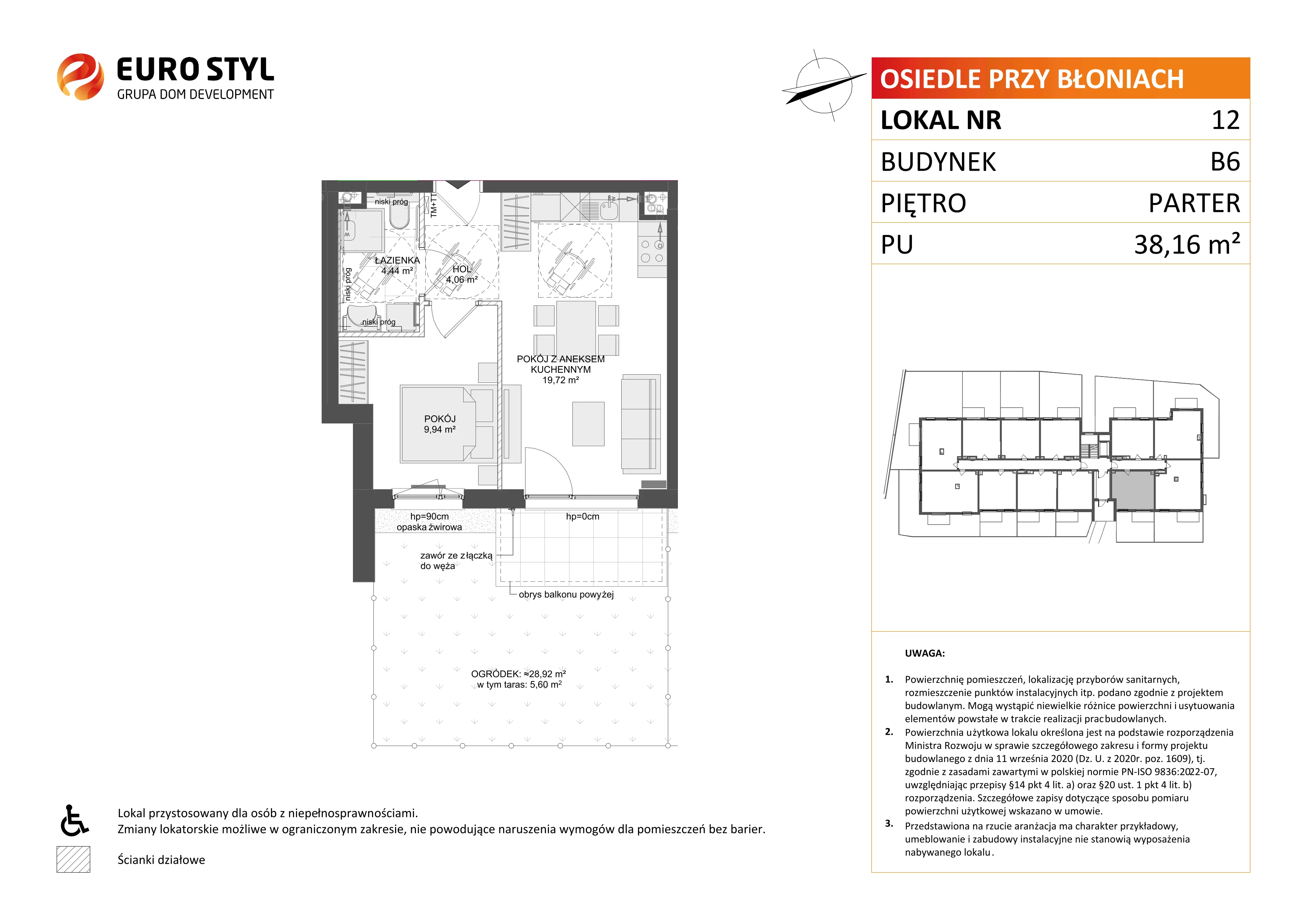 2 pokoje, mieszkanie 38,16 m², parter, oferta nr B6/12, Osiedle przy Błoniach 3 - etap IV, Rumia, Janowo, ul. Błoń Janowskich 