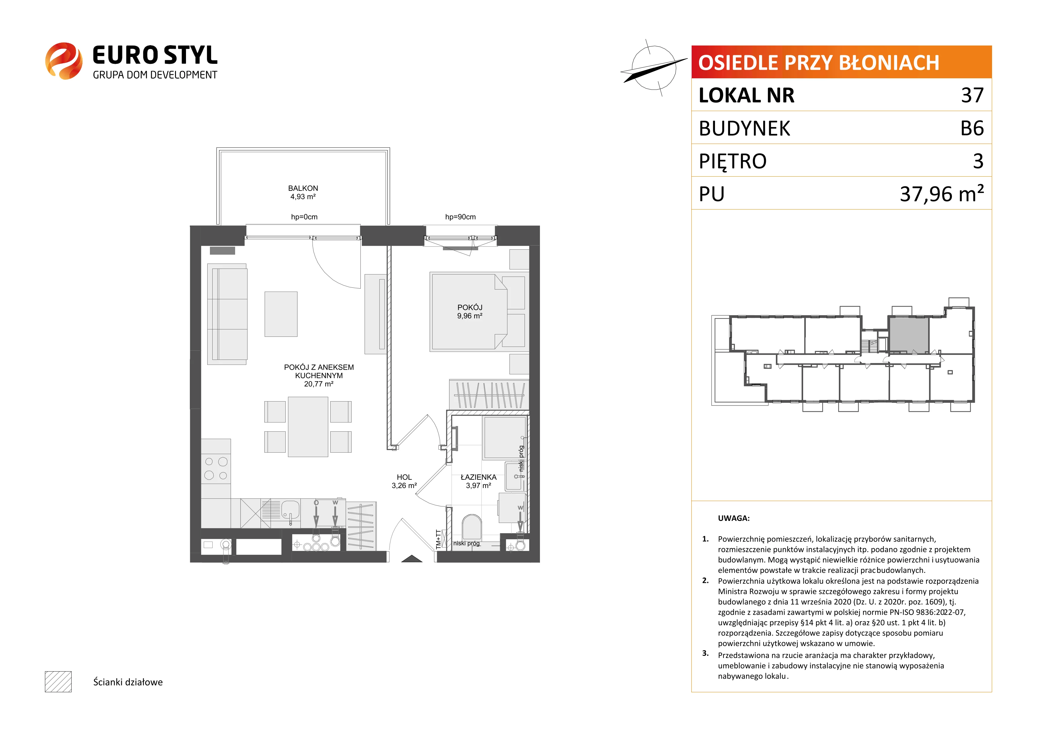 2 pokoje, mieszkanie 37,96 m², piętro 3, oferta nr B6/37, Osiedle przy Błoniach 3 - etap IV, Rumia, Janowo, ul. Błoń Janowskich 