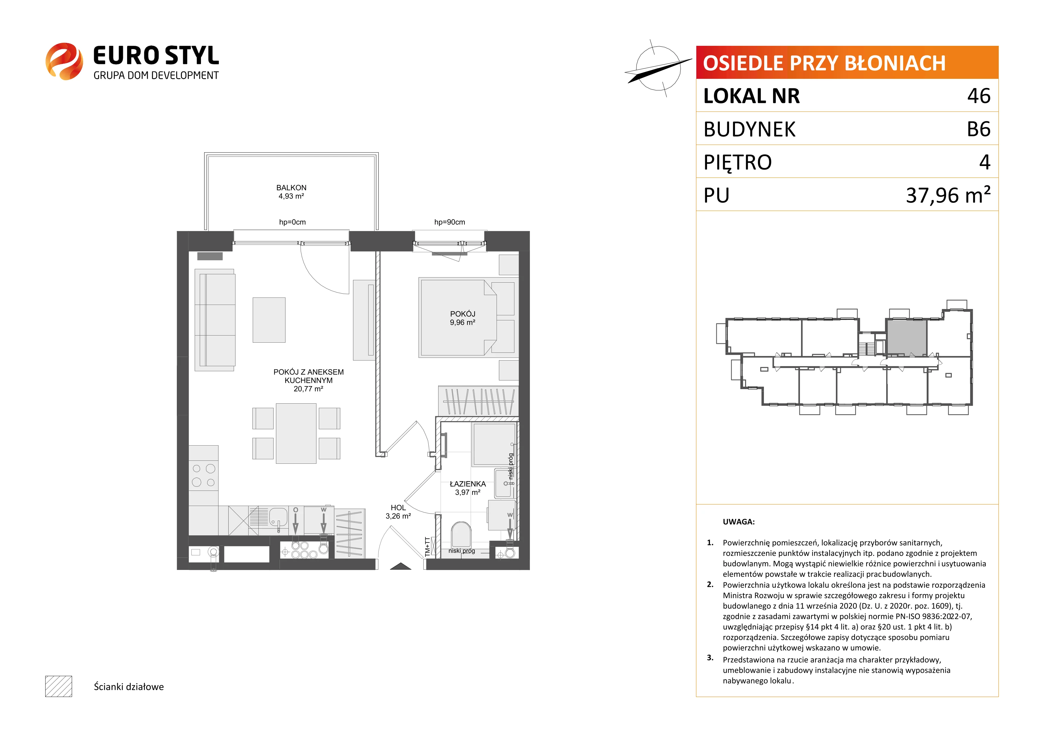 2 pokoje, mieszkanie 37,96 m², piętro 4, oferta nr B6/46, Osiedle przy Błoniach 3 - etap IV, Rumia, Janowo, ul. Błoń Janowskich 