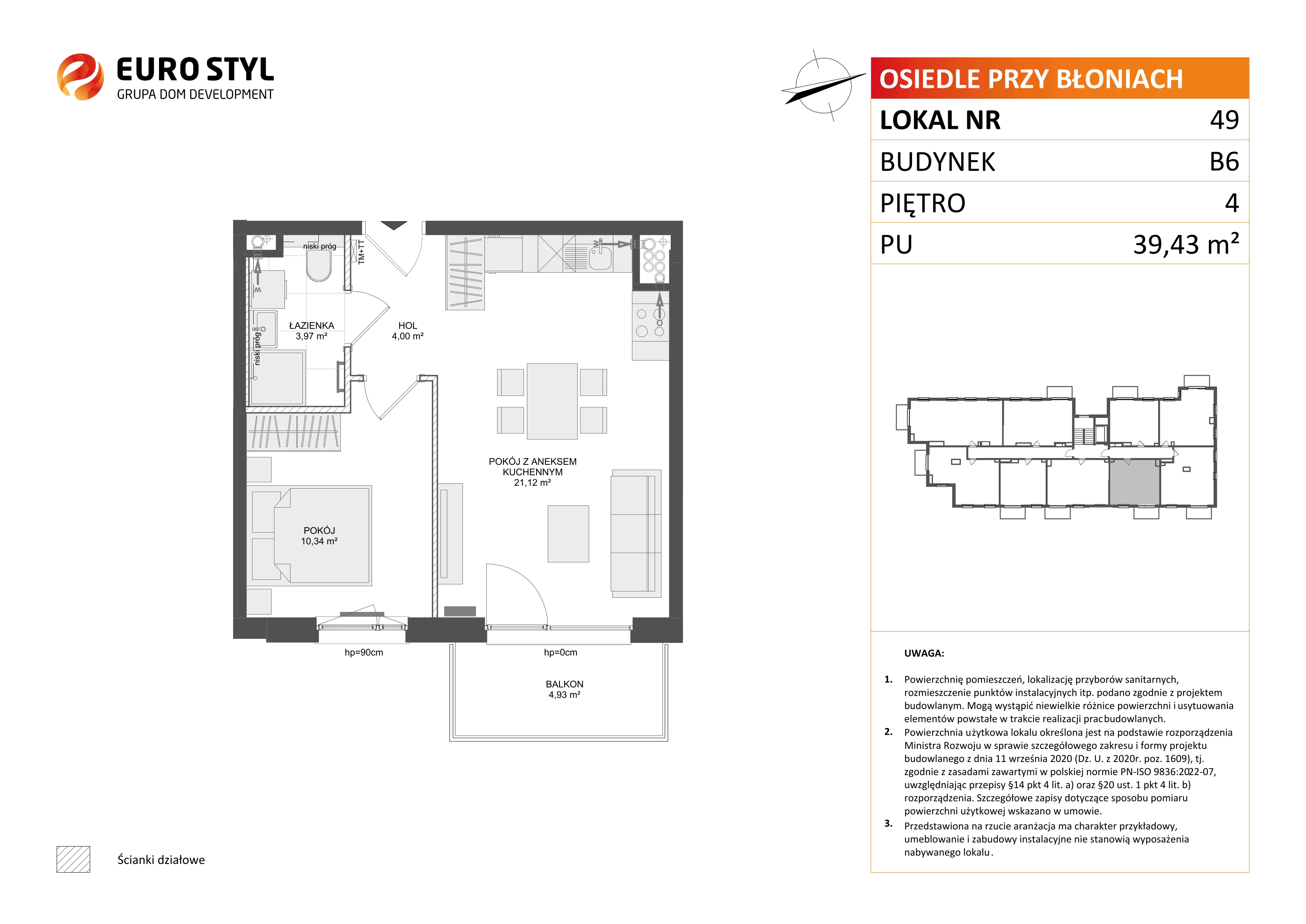 2 pokoje, mieszkanie 39,43 m², piętro 4, oferta nr B6/49, Osiedle przy Błoniach 3 - etap IV, Rumia, Janowo, ul. Błoń Janowskich 