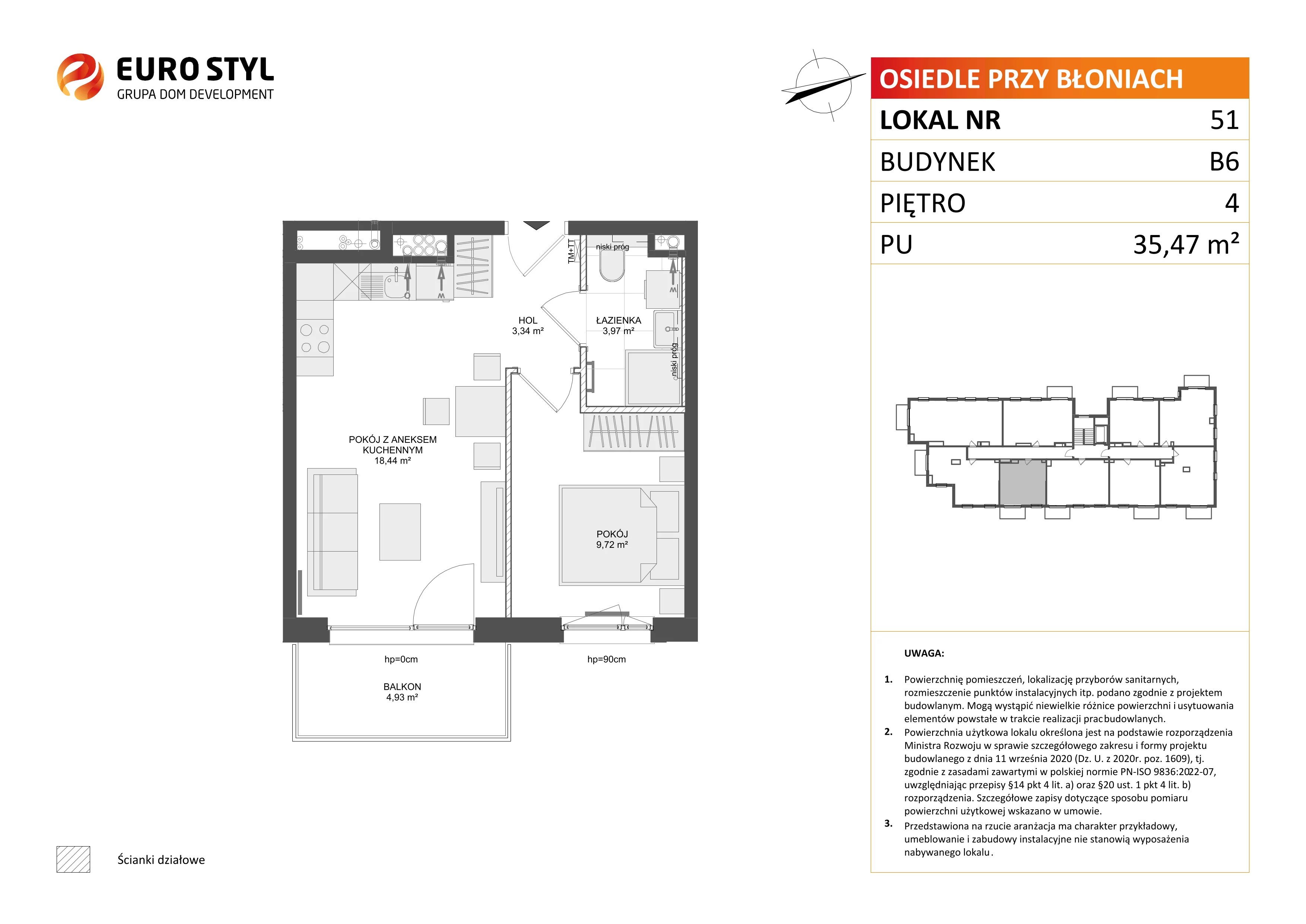 2 pokoje, mieszkanie 35,47 m², piętro 4, oferta nr B6/51, Osiedle przy Błoniach 3 - etap IV, Rumia, Janowo, ul. Błoń Janowskich 