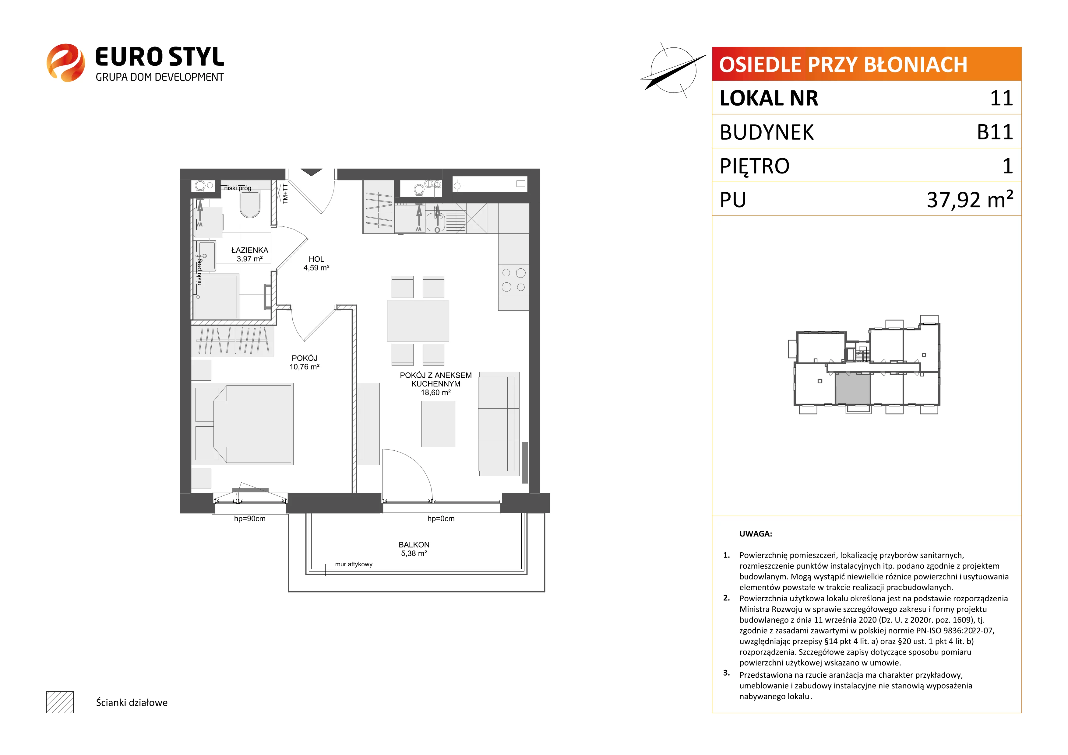 2 pokoje, mieszkanie 37,92 m², piętro 1, oferta nr B11/11, Osiedle przy Błoniach 3 - etap IV, Rumia, Janowo, ul. Błoń Janowskich 