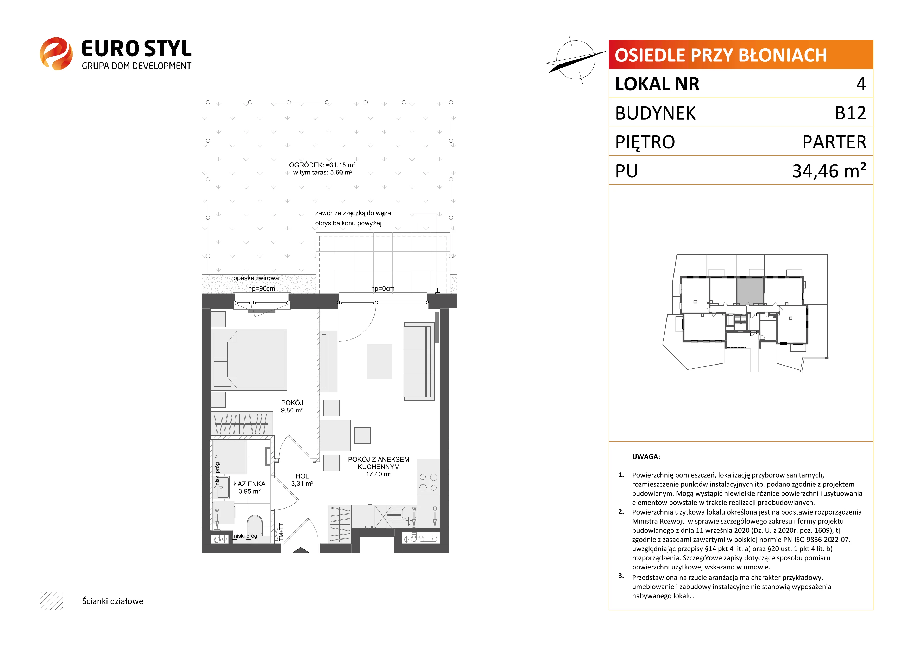 2 pokoje, mieszkanie 34,46 m², parter, oferta nr B12/4, Osiedle przy Błoniach 3 - etap IV, Rumia, Janowo, ul. Błoń Janowskich 