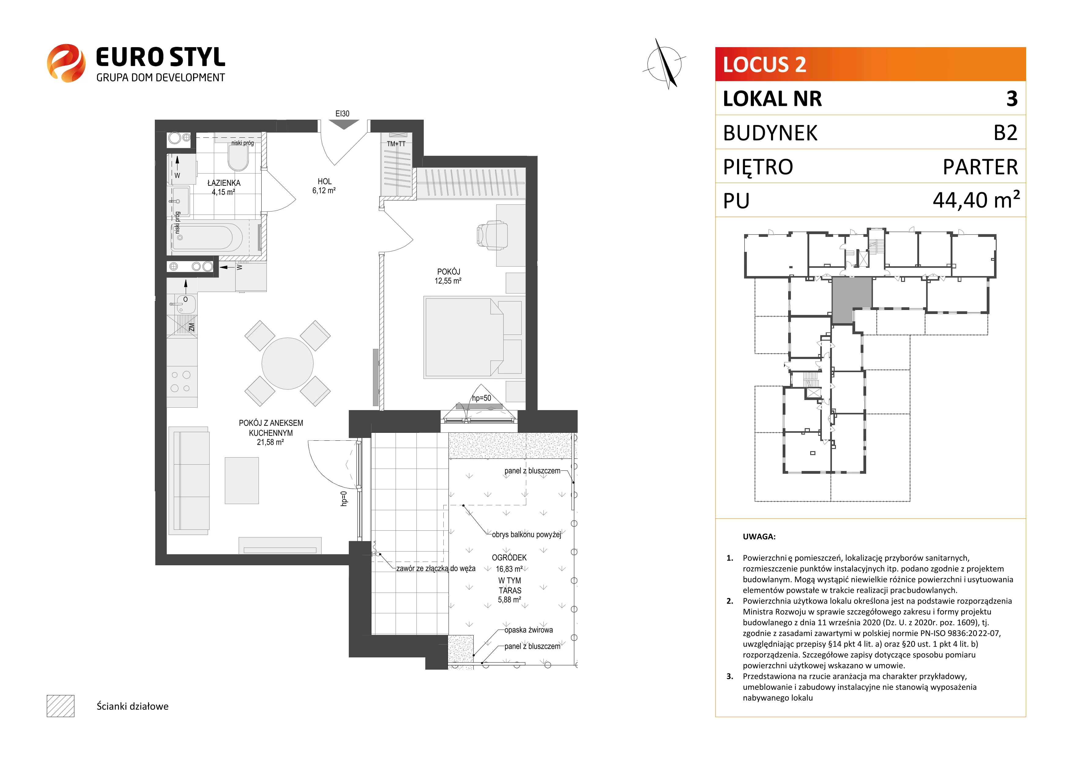 2 pokoje, mieszkanie 44,40 m², parter, oferta nr B2/3, Locus 2 - etap II, Rumia, Janowo, ul. Dąbrowskiego