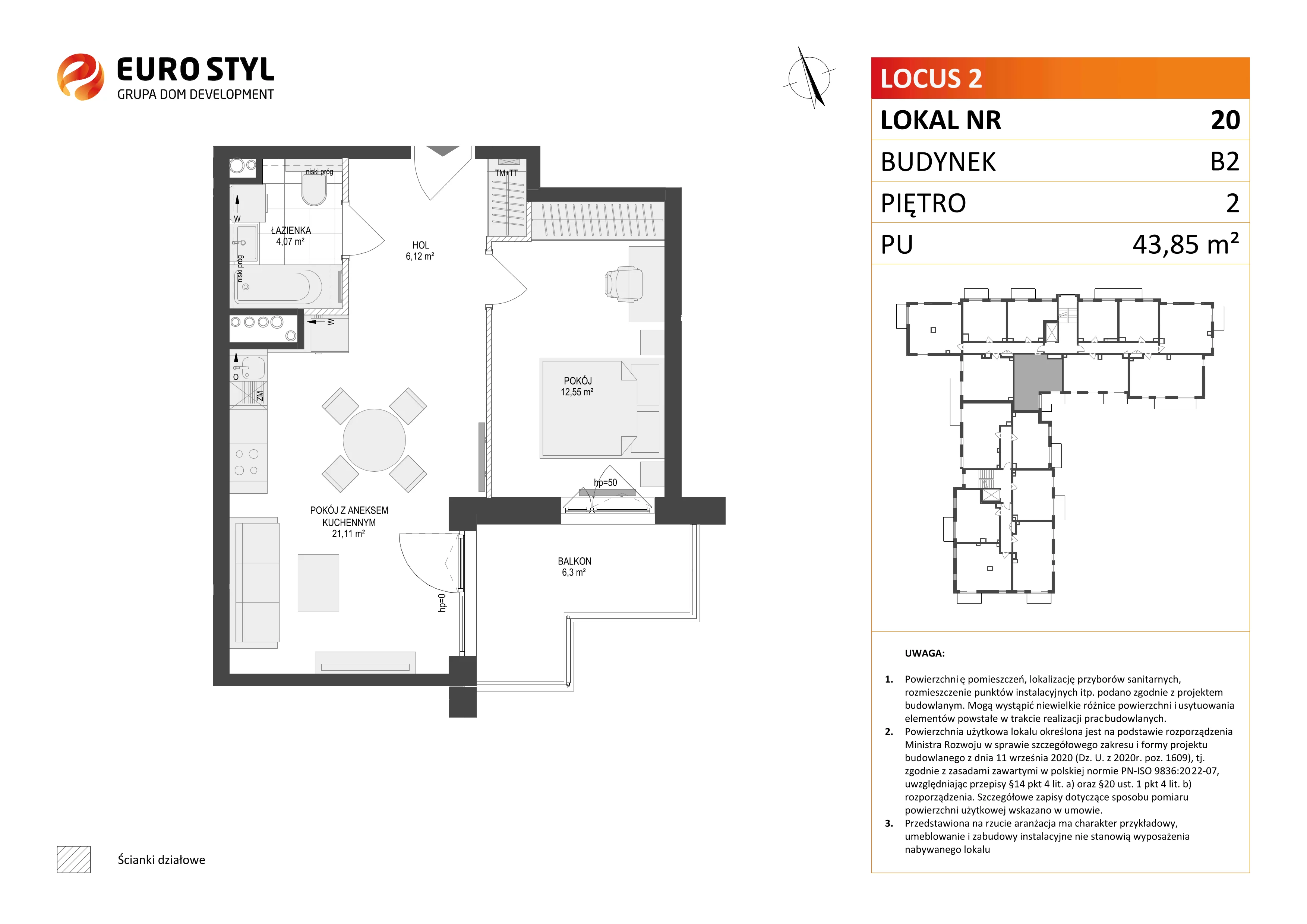 2 pokoje, mieszkanie 43,85 m², piętro 2, oferta nr B2/20, Locus 2 - etap II, Rumia, Janowo, ul. Dąbrowskiego