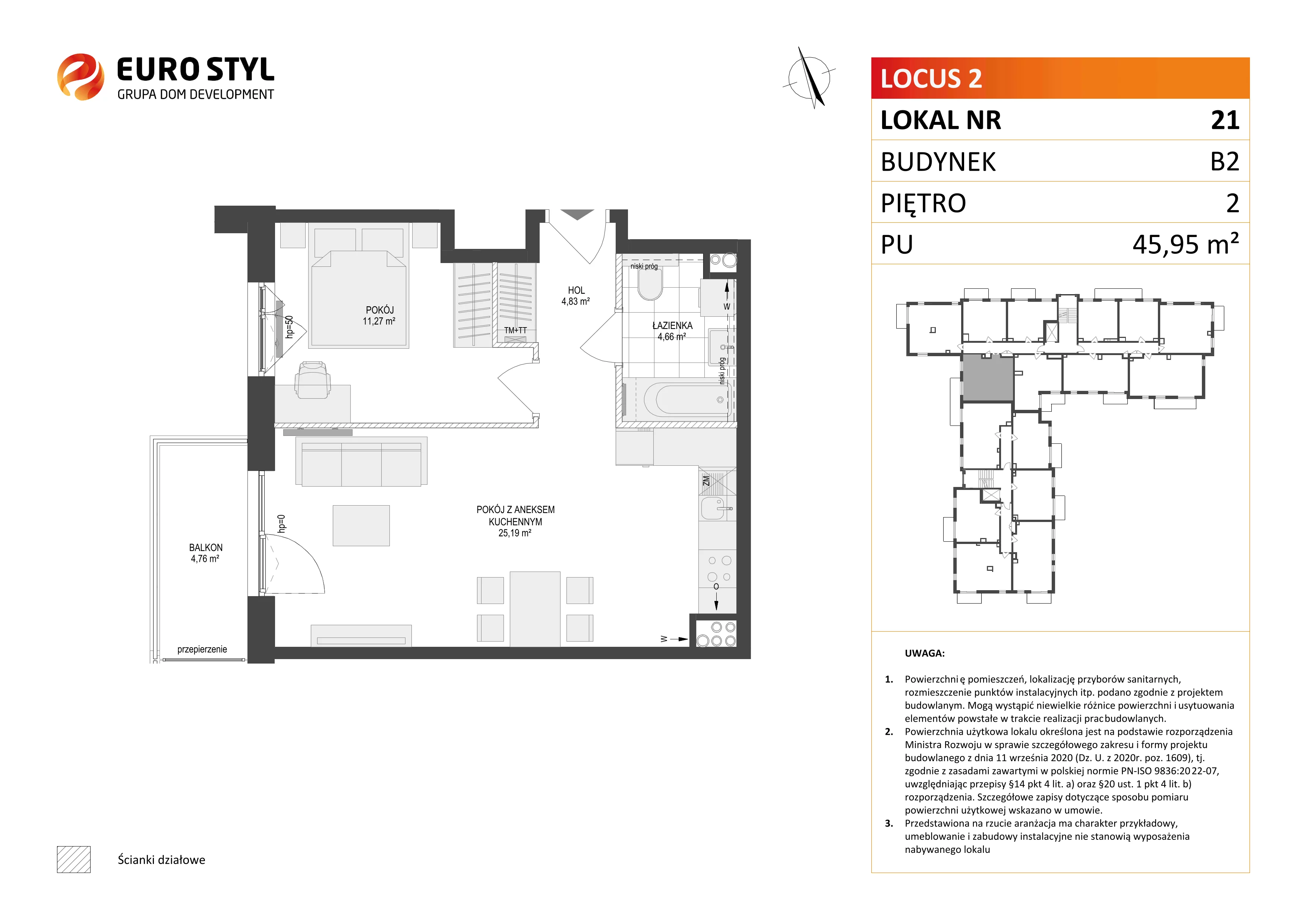 2 pokoje, mieszkanie 45,95 m², piętro 2, oferta nr B2/21, Locus 2 - etap II, Rumia, Janowo, ul. Dąbrowskiego