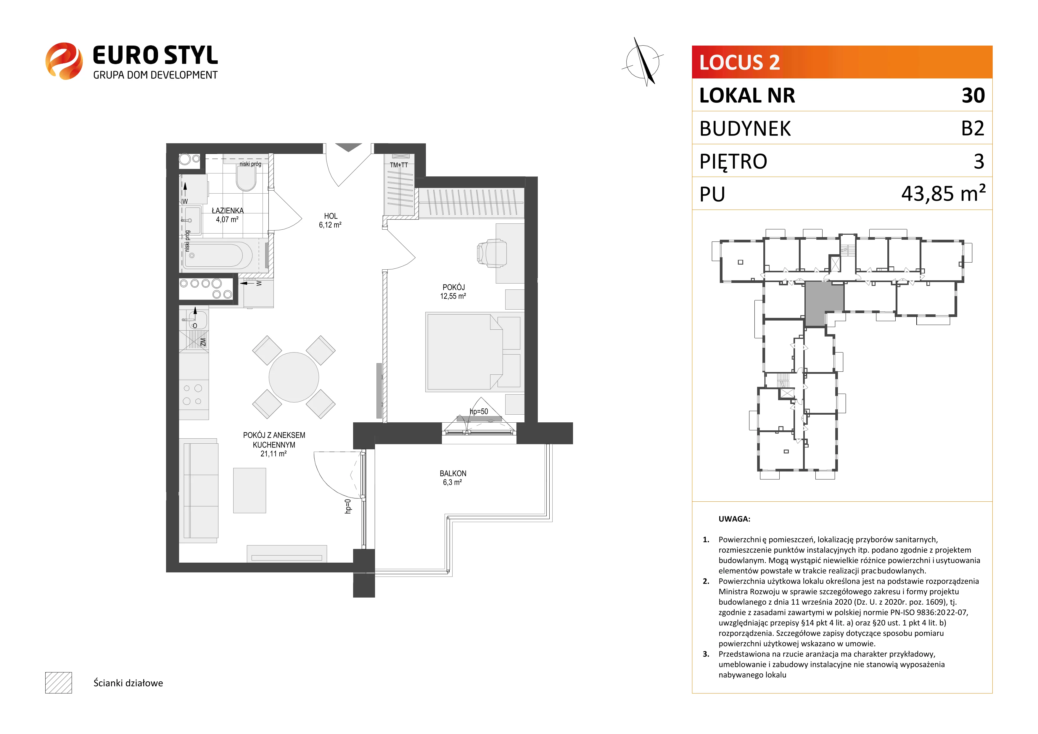 2 pokoje, mieszkanie 43,85 m², piętro 3, oferta nr B2/30, Locus 2 - etap II, Rumia, Janowo, ul. Dąbrowskiego