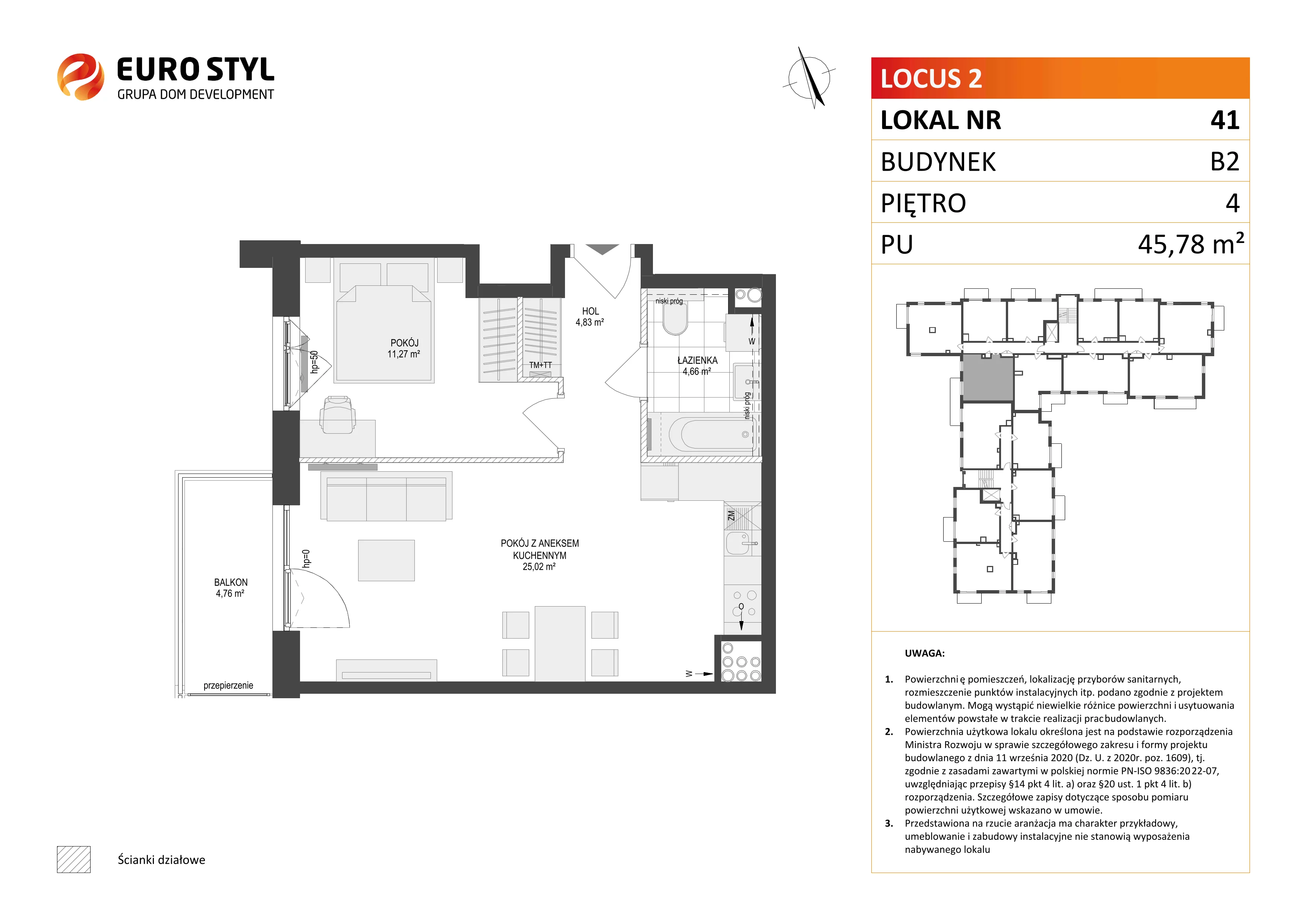 2 pokoje, mieszkanie 45,78 m², piętro 4, oferta nr B2/41, Locus 2 - etap II, Rumia, Janowo, ul. Dąbrowskiego