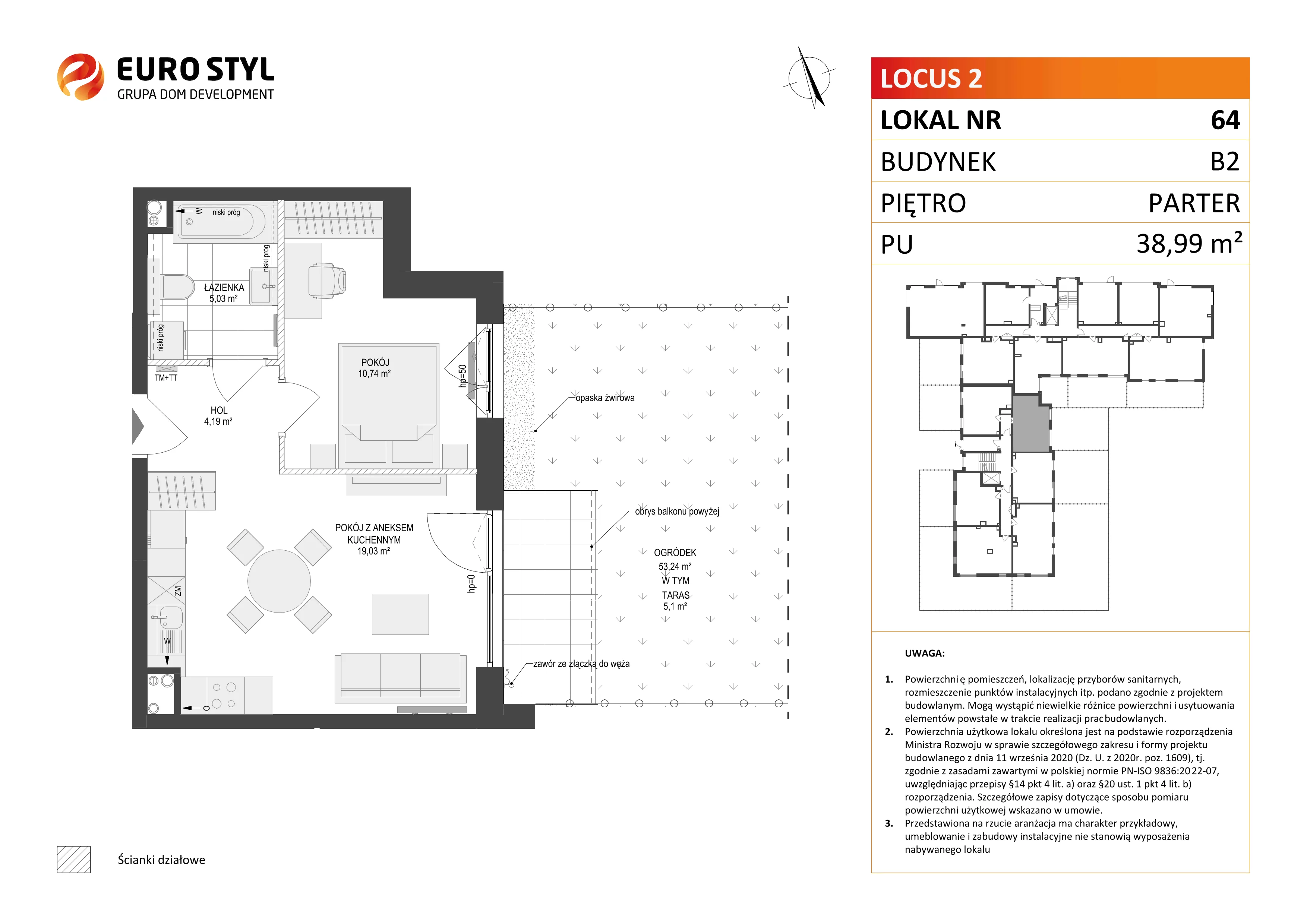2 pokoje, mieszkanie 38,99 m², parter, oferta nr B2/64, Locus 2 - etap II, Rumia, Janowo, ul. Dąbrowskiego