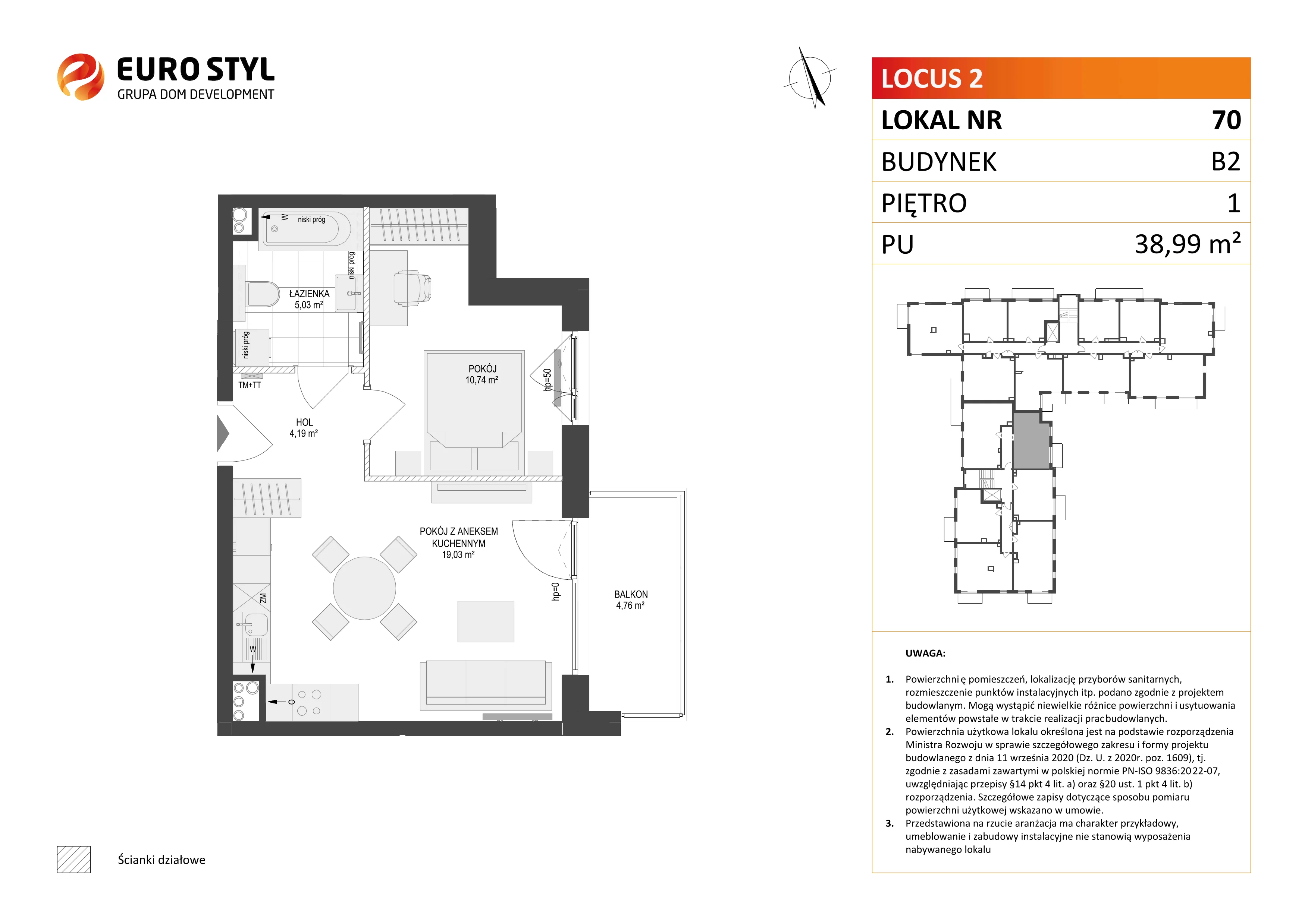 2 pokoje, mieszkanie 38,99 m², piętro 1, oferta nr B2/70, Locus 2 - etap II, Rumia, Janowo, ul. Dąbrowskiego