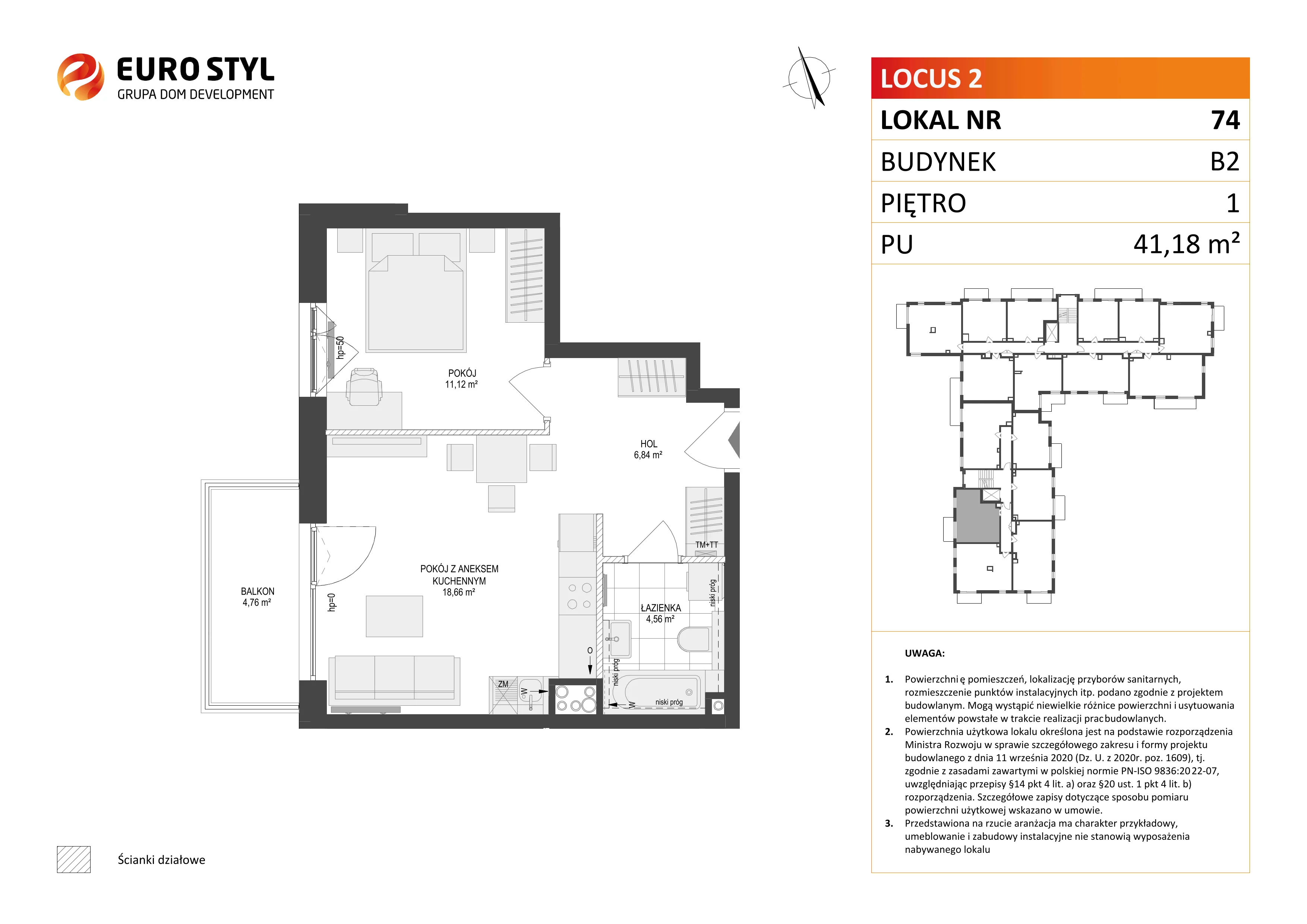 2 pokoje, mieszkanie 41,18 m², piętro 1, oferta nr B2/74, Locus 2 - etap II, Rumia, Janowo, ul. Dąbrowskiego
