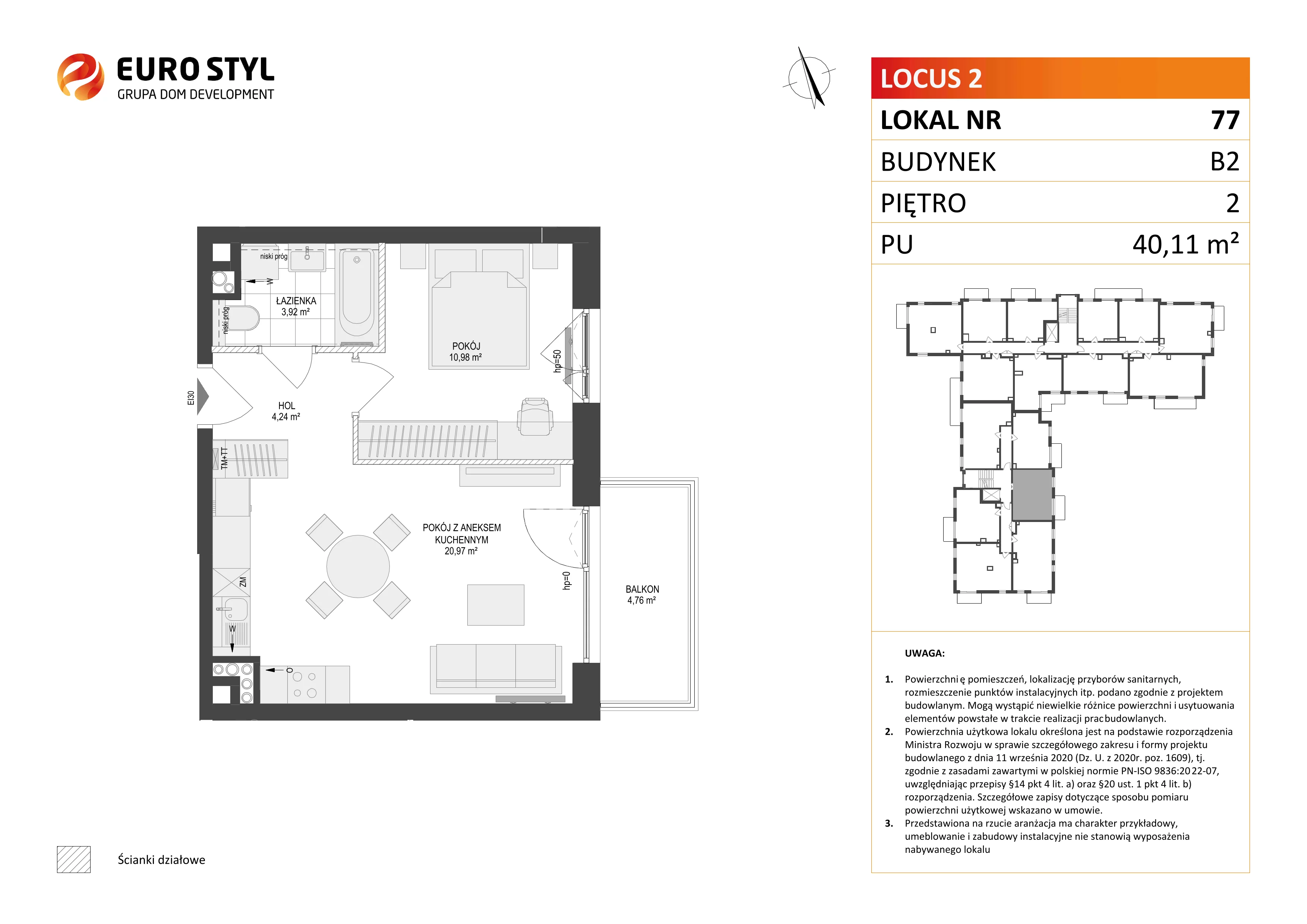 2 pokoje, mieszkanie 40,11 m², piętro 2, oferta nr B2/77, Locus 2 - etap II, Rumia, Janowo, ul. Dąbrowskiego